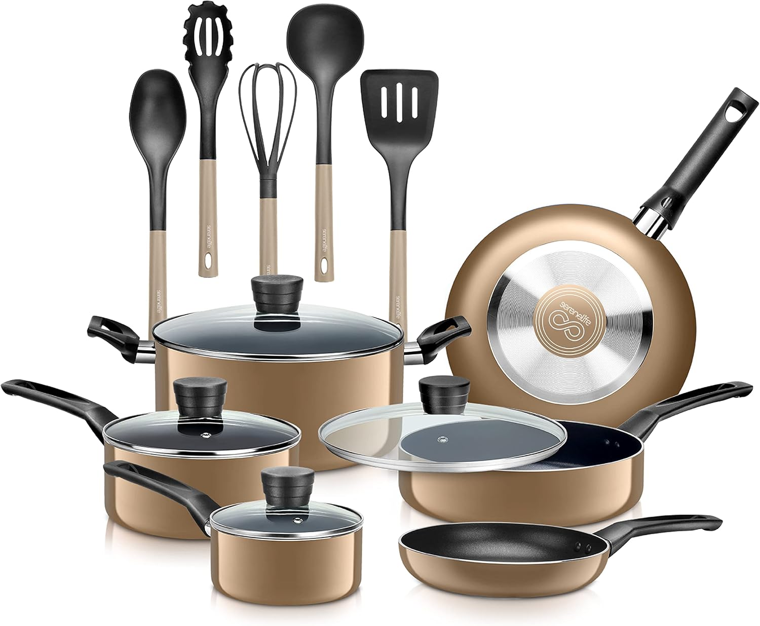 SereneLife Kitchenware Pots & Pans Set - Basic Kitchen Cookware with Black Non-Stick Coating and Heat-Resistant Lacquer, 15-Piece Set, Gold