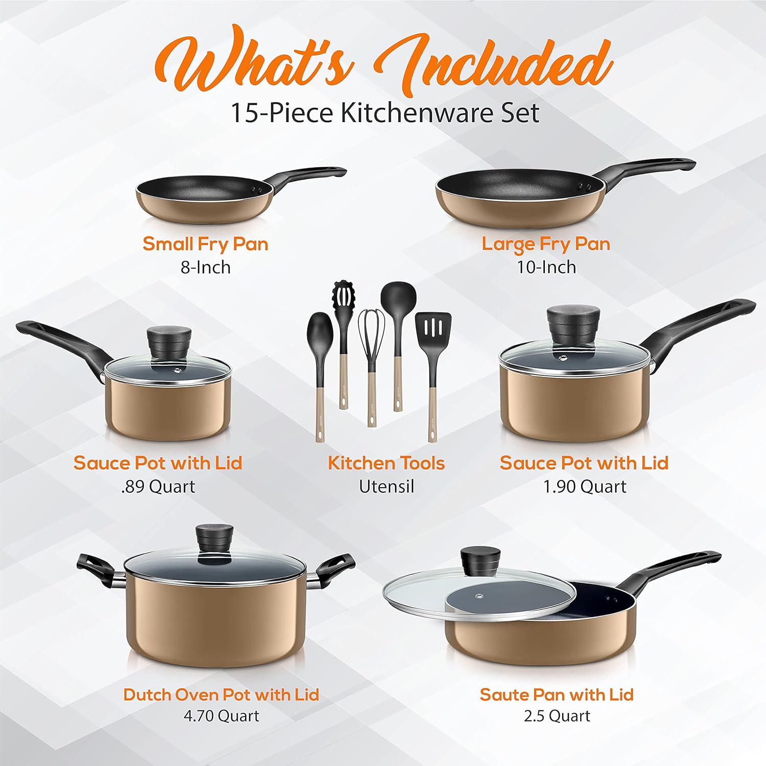 SereneLife Kitchenware Pots & Pans Set - Basic Kitchen Cookware with Black Non-Stick Coating and Heat-Resistant Lacquer, 15-Piece Set, Gold