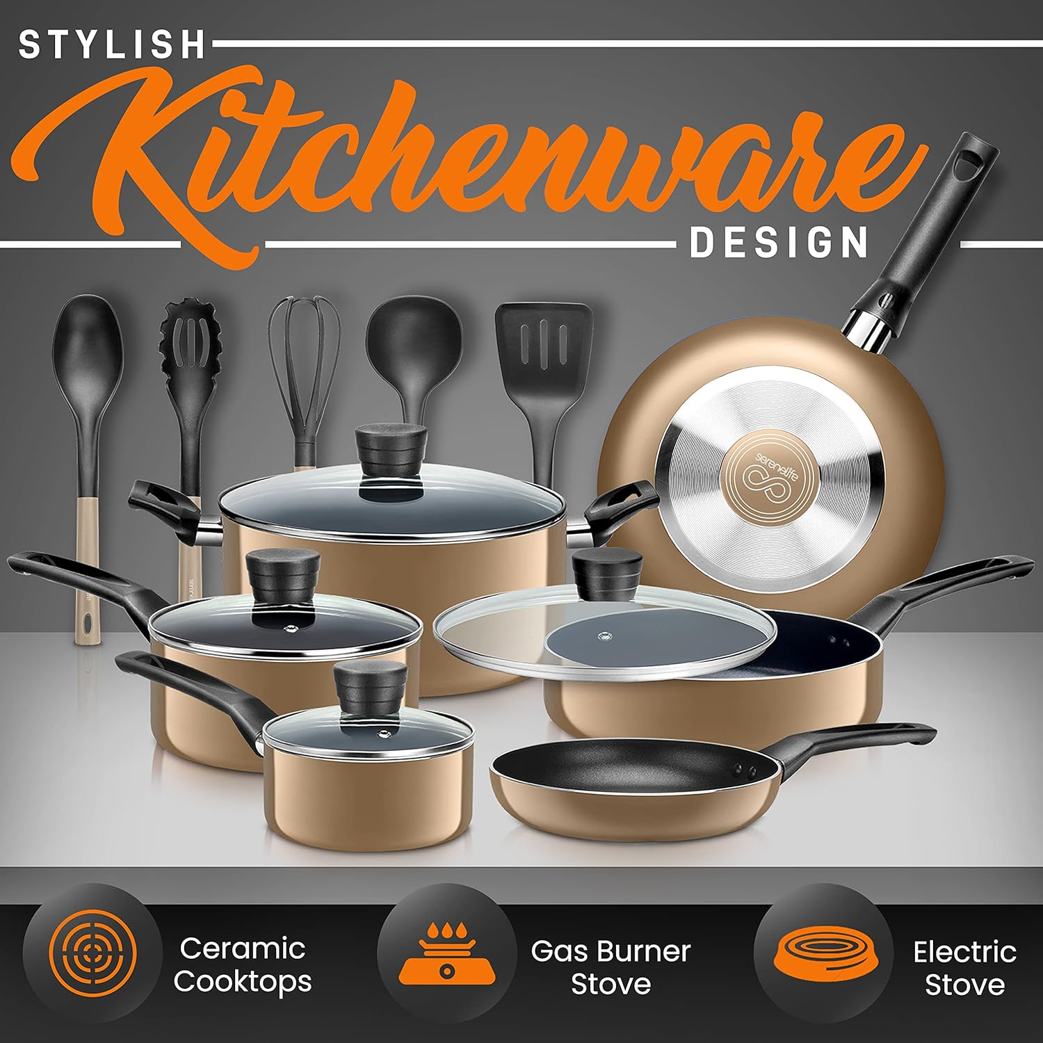 SereneLife Kitchenware Pots & Pans Set - Basic Kitchen Cookware with Black Non-Stick Coating and Heat-Resistant Lacquer, 15-Piece Set, Gold