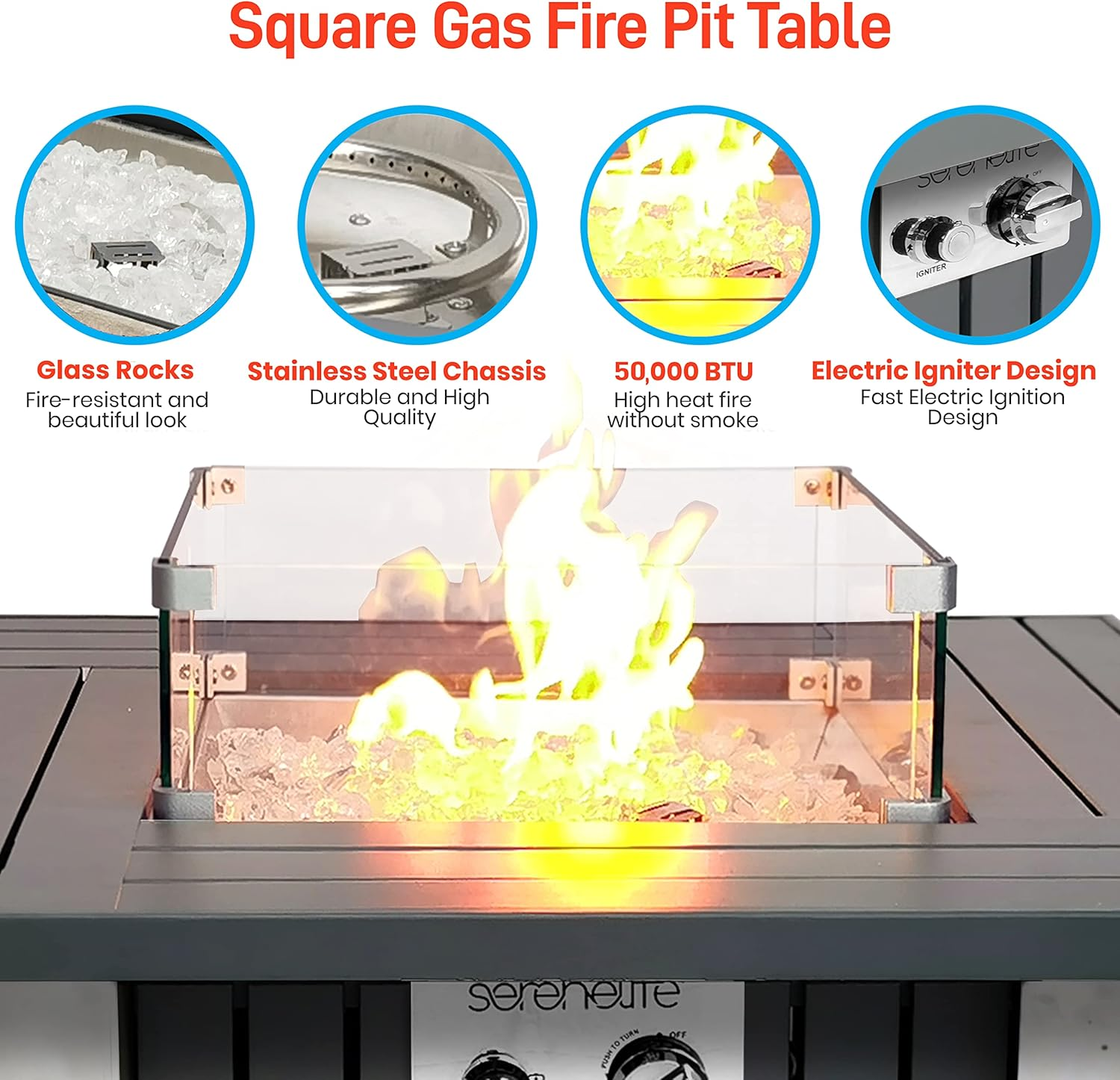 SereneLife Home Outdoor Propane Fire Pit Table - CSA/ETL Certified 50,000 BTU Square Propane Gas Fire Table with Pulse Ignition and Adjustable Flame, Includes Glass Wind Guard and Glass Rocks - SLFPX69, Gray