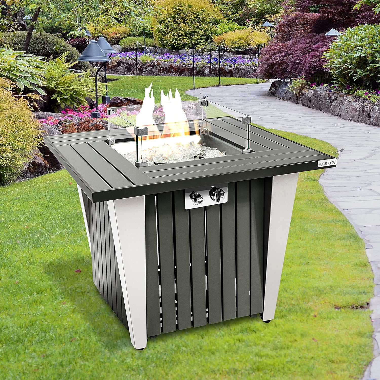 SereneLife Home Outdoor Propane Fire Pit Table - CSA/ETL Certified 50,000 BTU Square Propane Gas Fire Table with Pulse Ignition and Adjustable Flame, Includes Glass Wind Guard and Glass Rocks - SLFPX69, Gray