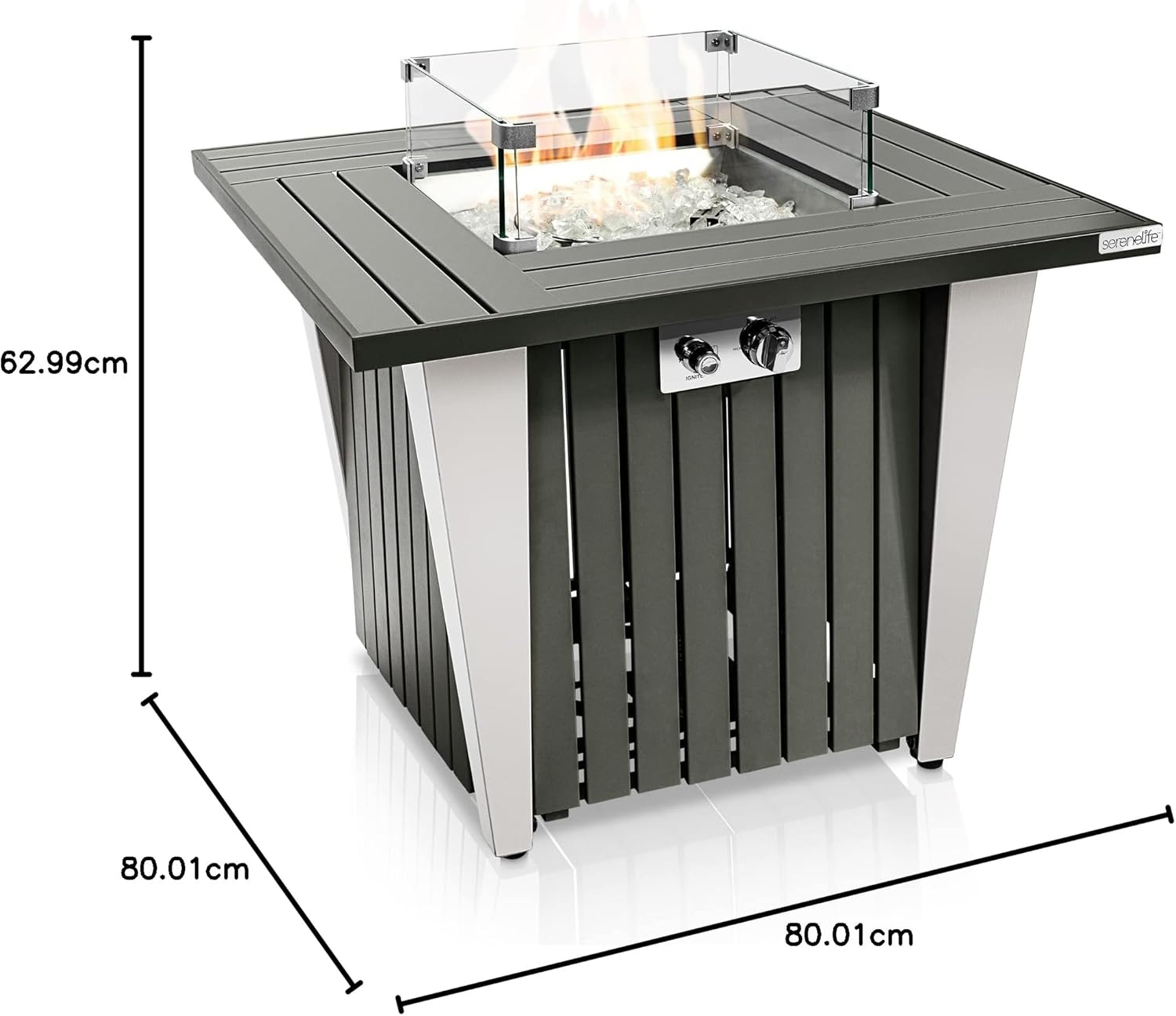 SereneLife Home Outdoor Propane Fire Pit Table - CSA/ETL Certified 50,000 BTU Square Propane Gas Fire Table with Pulse Ignition and Adjustable Flame, Includes Glass Wind Guard and Glass Rocks - SLFPX69, Gray