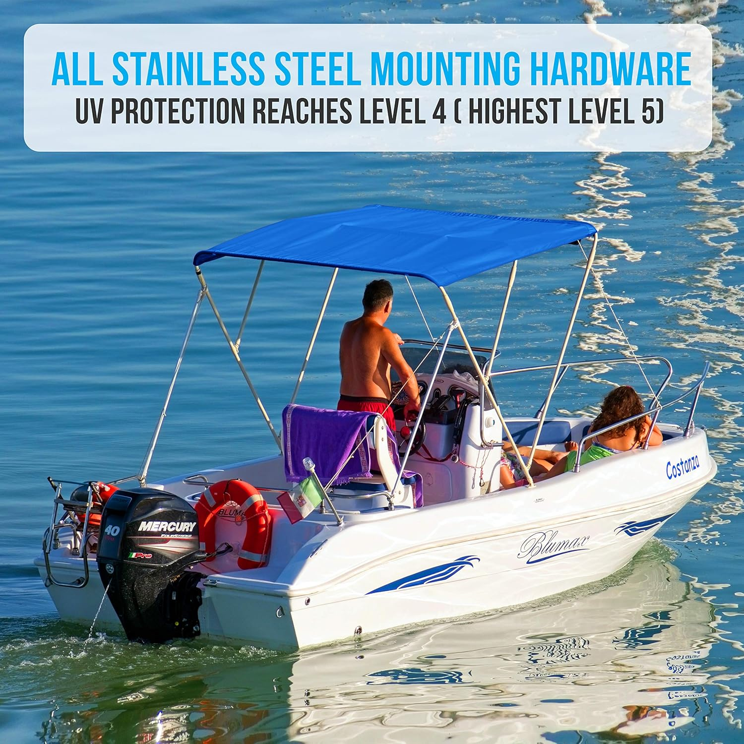 SereneLife Bimini Tops for Boats - Available in 3 Bow and 4 Bow Options, featuring Stainless Steel Mounting Hardware and Double-Walled Main Bow Legs for Enhanced Strength, Assembly Instructions Included.