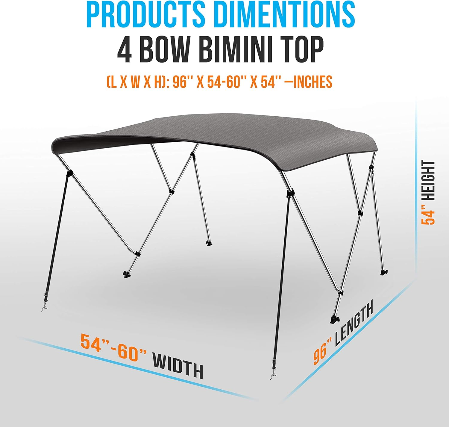 SereneLife Waterproof Boat Bimini Top Cover - 54-60" W 4 Bow Canvas Sun Shade Canopy for Boats, Featuring a 1" Double Wall Aluminum Frame Tube, Includes 2 Straps, 2 Rear Support Poles, and Storage Boot - SLBT4GR548 (Gray)