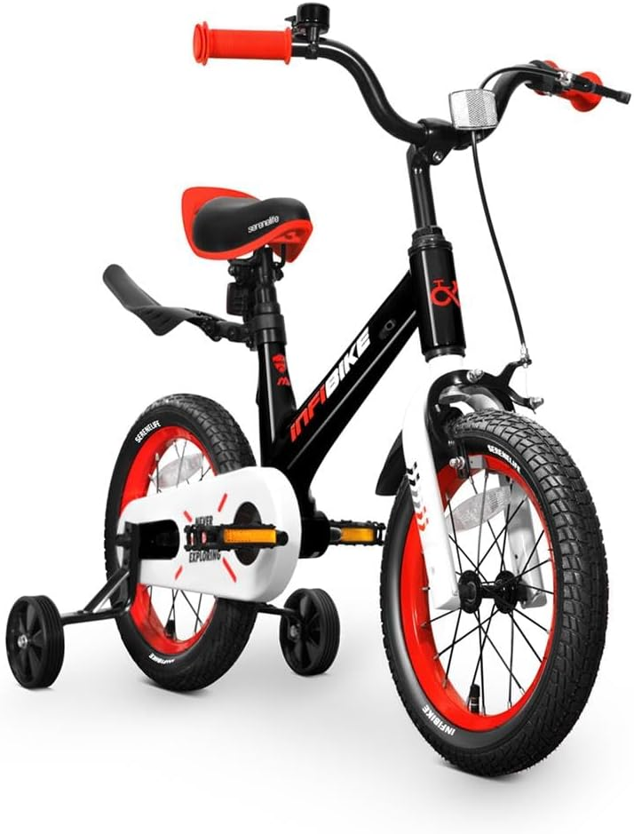 SereneLife Kids Bike with Training Wheels - 14” Bicycle for Toddlers featuring Adjustable Seat Height, Alloy Steel Frame, Dual Brake System, Full Chain Guard, Reflector, Bell, and Kickstand, suitable for ages 3-5 years old