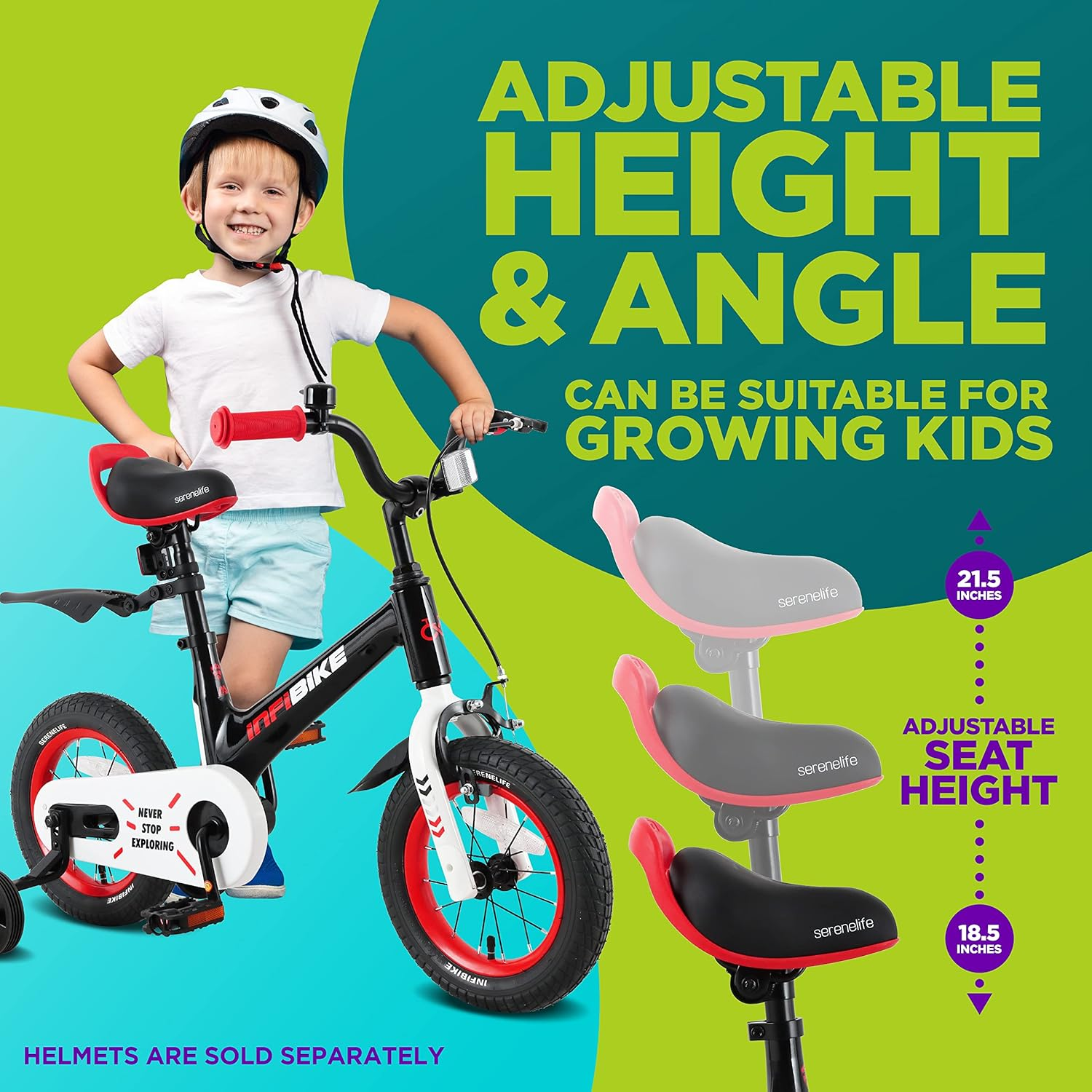 SereneLife Kids Bike with Training Wheels - 12" Toddler Bicycle featuring Adjustable Seat Height, Alloy Steel Frame, Dual Brake System, Full Chain Guard, Reflector, Bell, and Kickstand, suitable for ages 3-4 years old