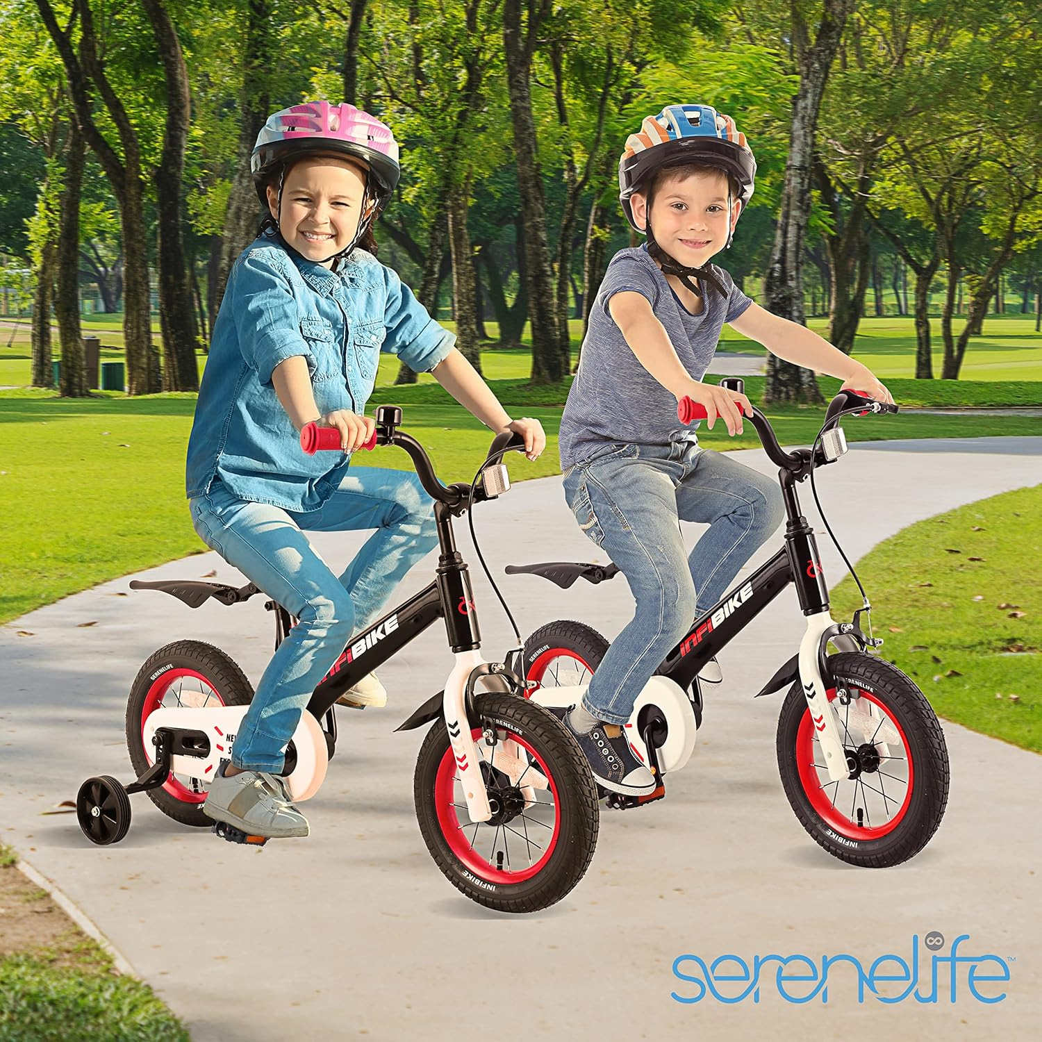 SereneLife Kids Bike with Training Wheels - 12" Toddler Bicycle featuring Adjustable Seat Height, Alloy Steel Frame, Dual Brake System, Full Chain Guard, Reflector, Bell, and Kickstand, suitable for ages 3-4 years old