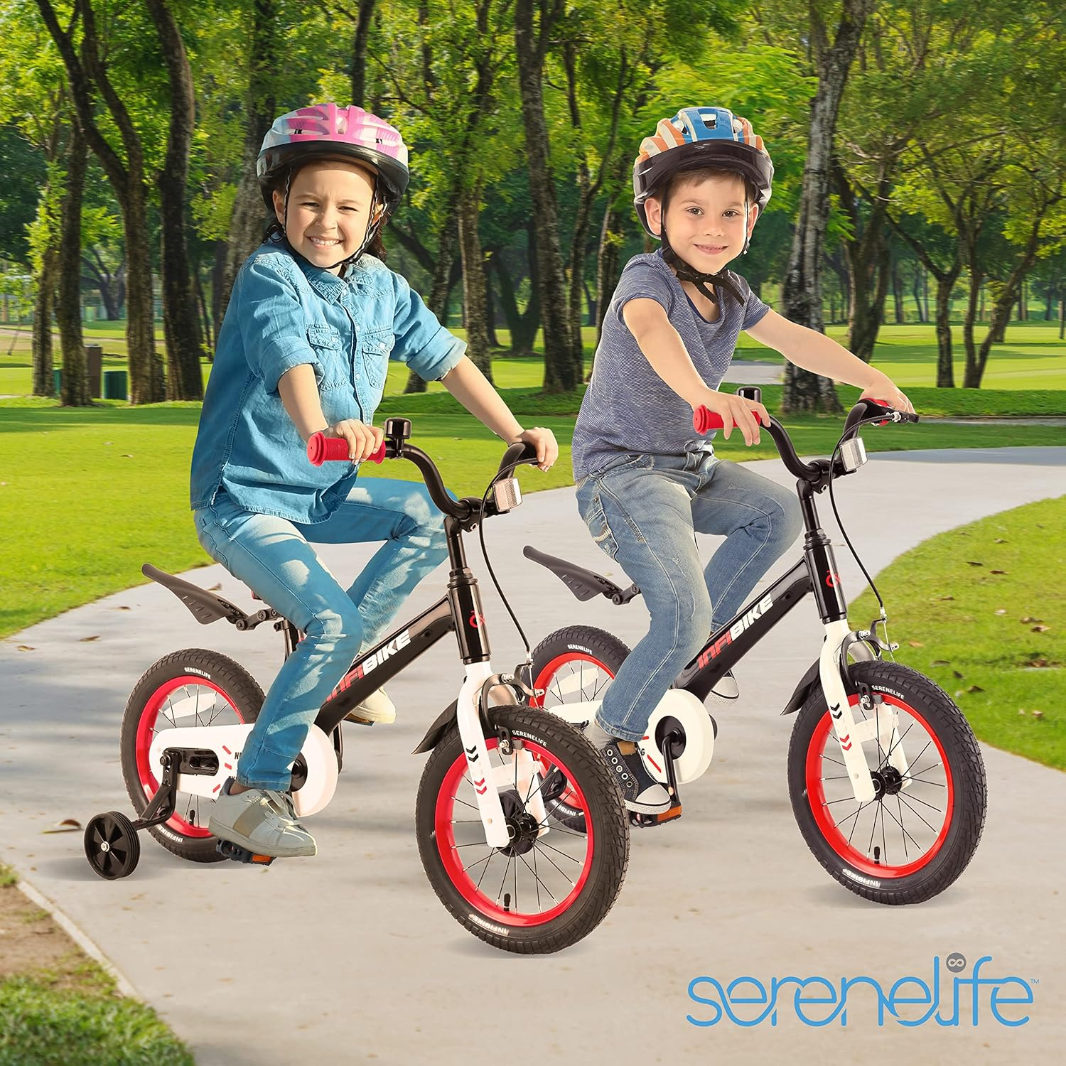 SereneLife Kids Bike with Training Wheels - 14" Toddler Bicycle featuring Adjustable Seat Height, Alloy Steel Frame, Dual Brake System, Full Chain Guard, Reflector, Bell, and Kickstand, designed for ages 3-5 years old