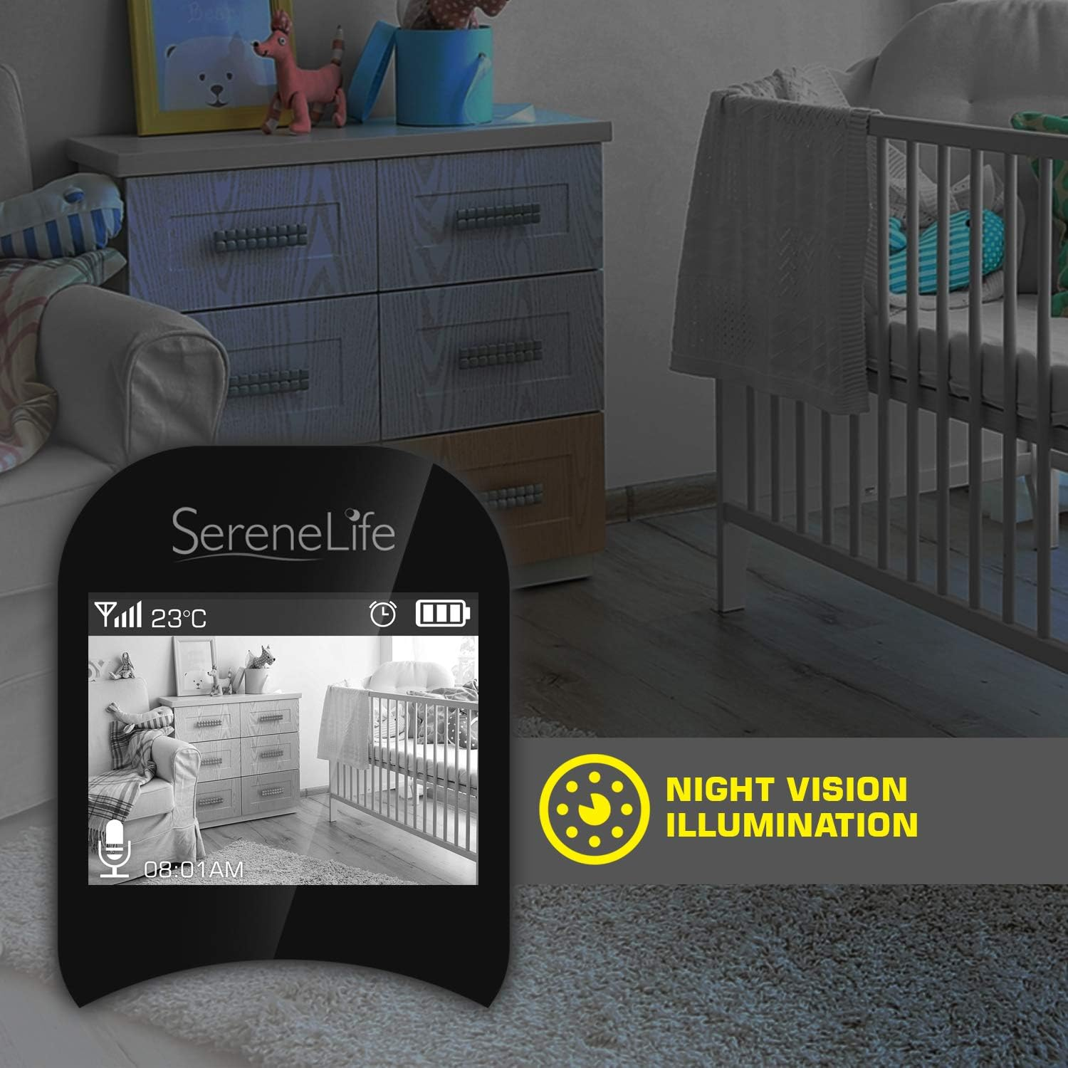 Video Baby Monitor Long Range - Enhanced 850' Wireless Range, Night Vision, Temperature Monitoring, and Portable 2" Color Screen - Serenelife USA SLBCAM11 (Gray)