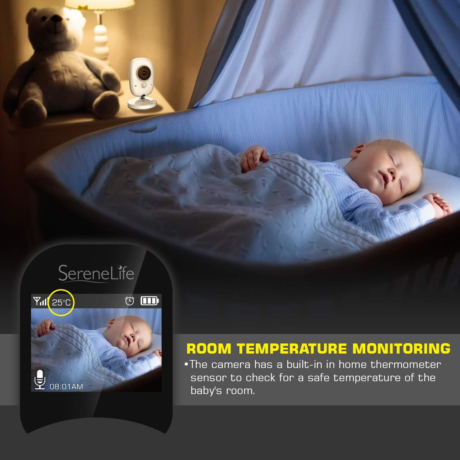 Video Baby Monitor Long Range - Enhanced 850' Wireless Range, Night Vision, Temperature Monitoring, and Portable 2" Color Screen - Serenelife USA SLBCAM11 (Gray)