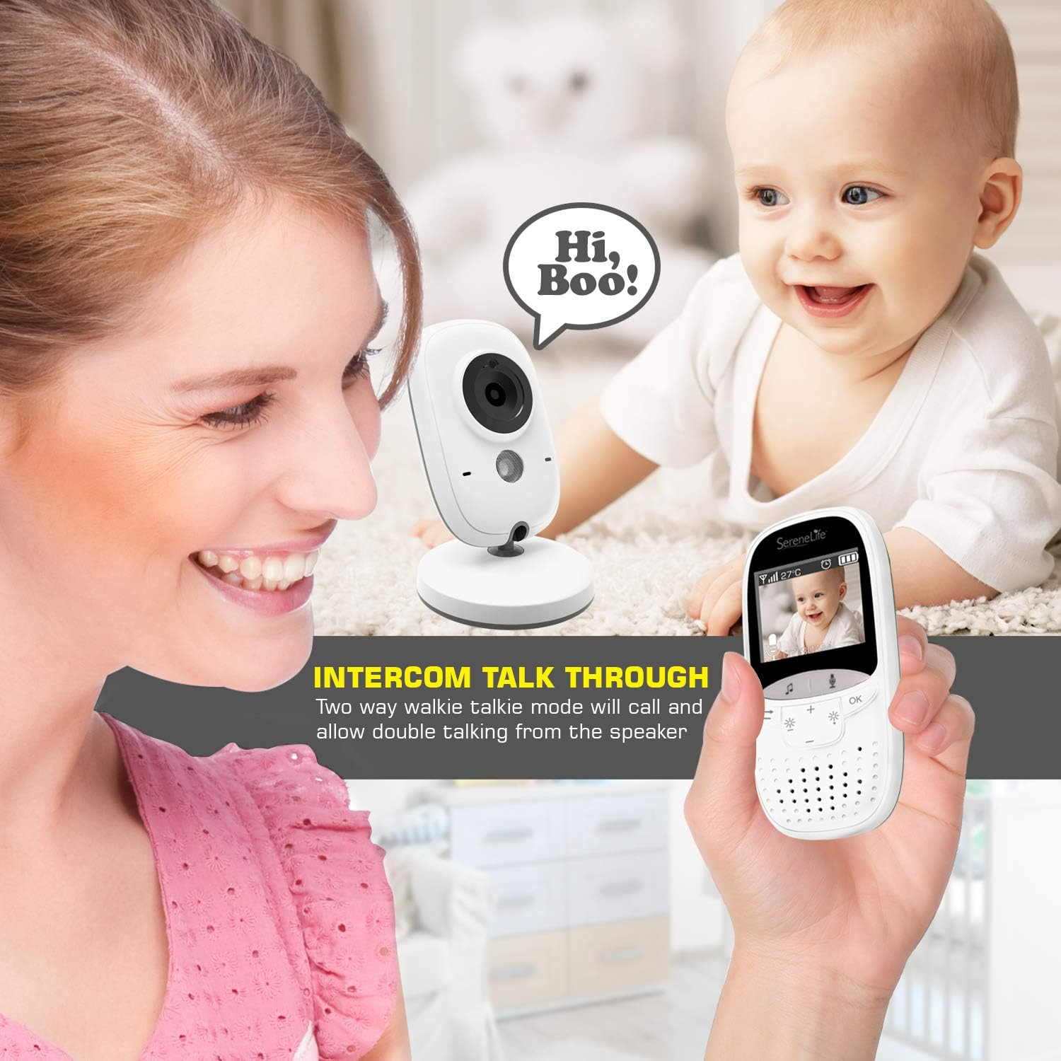 Video Baby Monitor Long Range - Enhanced 850' Wireless Range, Night Vision, Temperature Monitoring, and Portable 2" Color Screen - Serenelife USA SLBCAM11 (Gray)