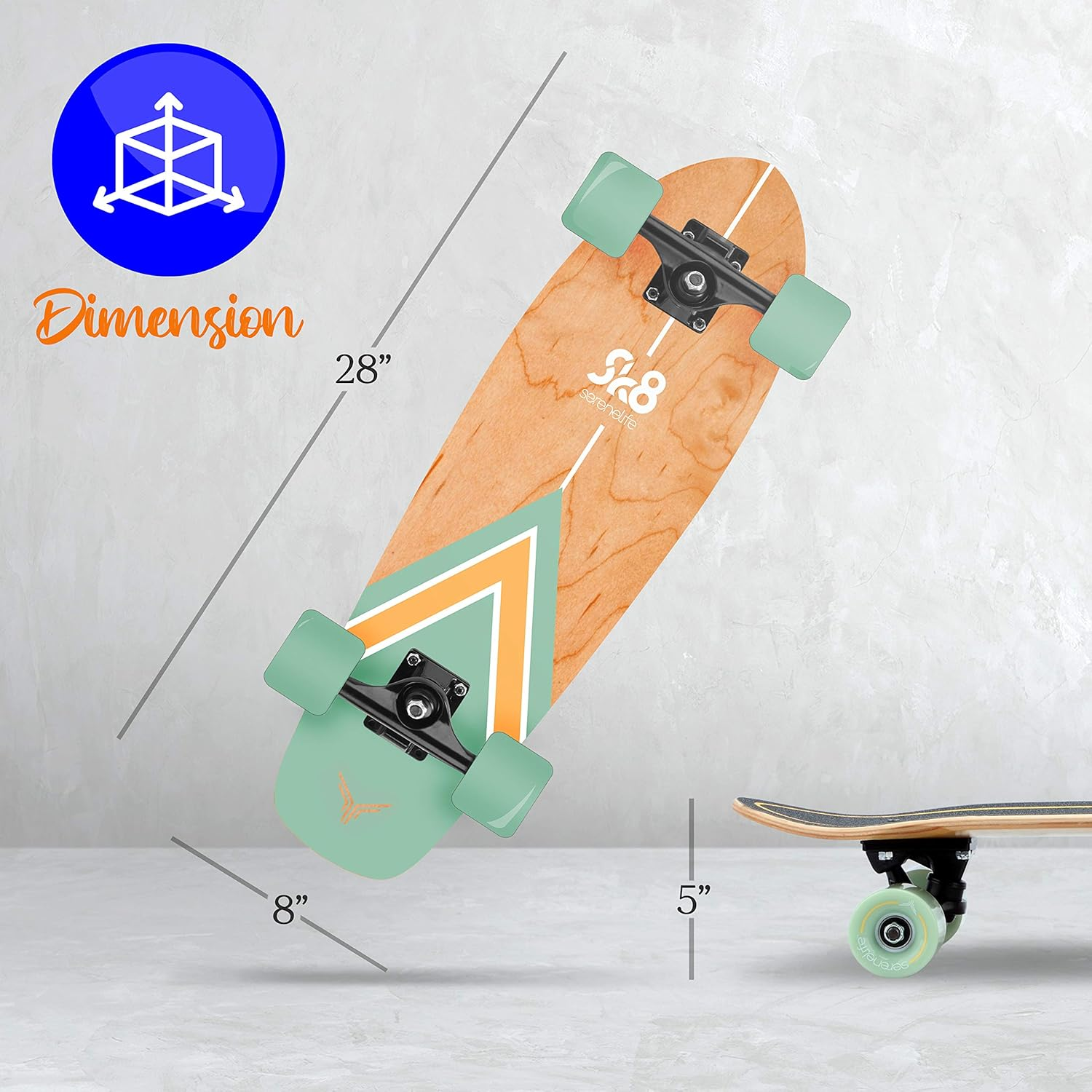 Complete Mini Cruiser Skateboard with 6-ply Canadian Bamboo Maple Deck and Double Kick Design 5" Aluminum Trucks for Kids Teens and Adults SereneLife SL5SBGR Aqua