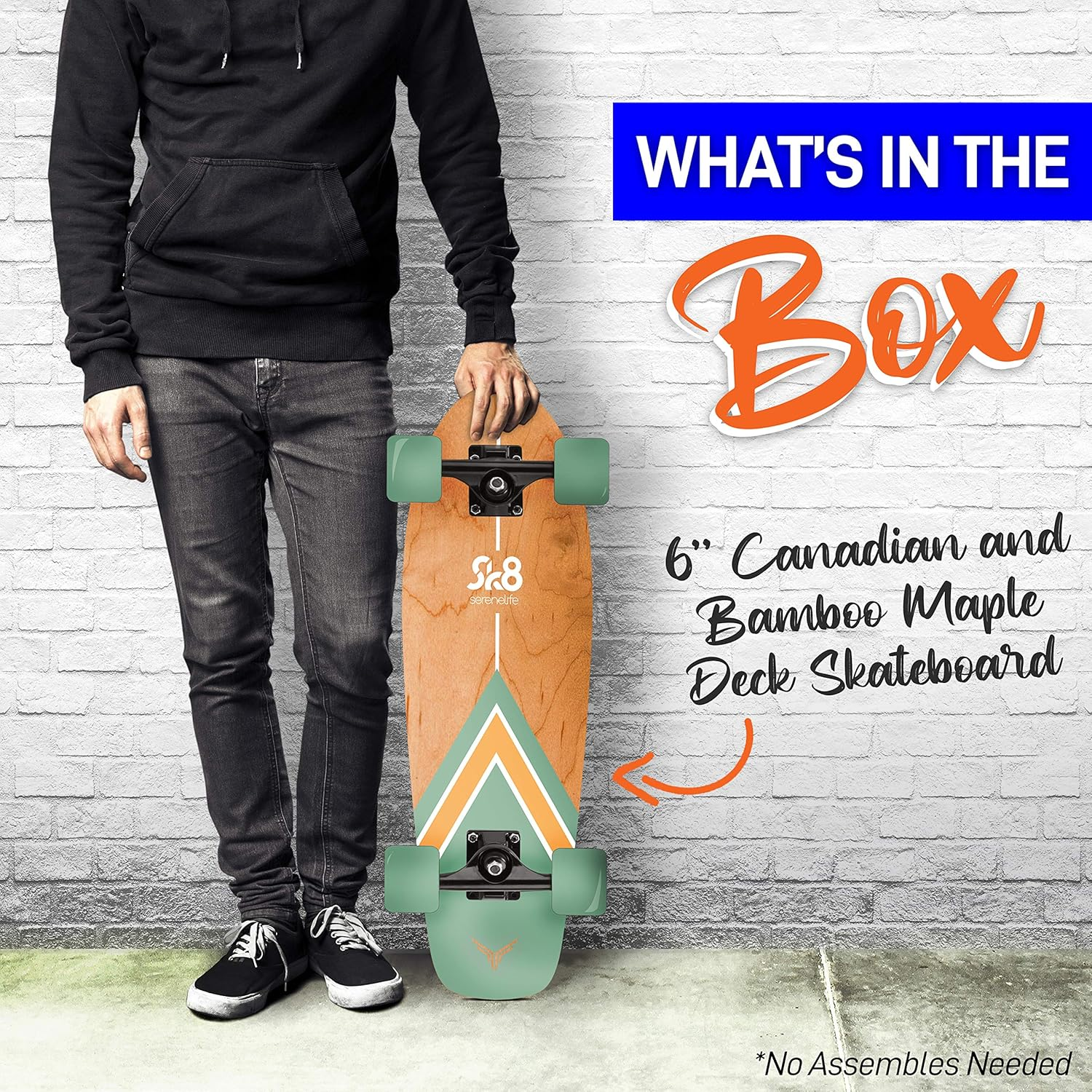 Complete Mini Cruiser Skateboard with 6-ply Canadian Bamboo Maple Deck and Double Kick Design 5" Aluminum Trucks for Kids Teens and Adults SereneLife SL5SBGR Aqua