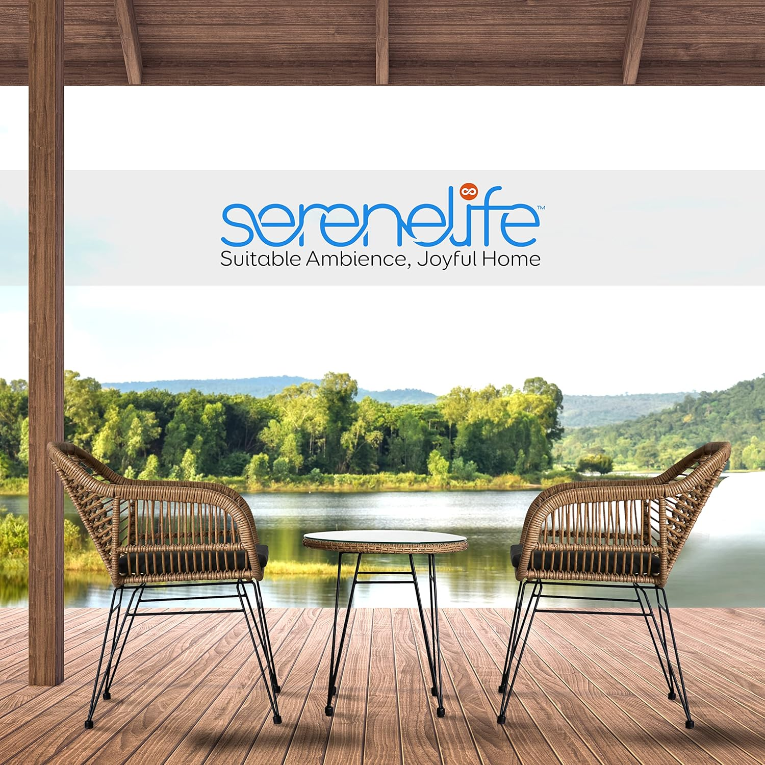 SereneLife 3 Piece Outdoor Rattan Set, Includes 2 Chairs with Cushions and 1 Glass-top Coffee Table (Brown)