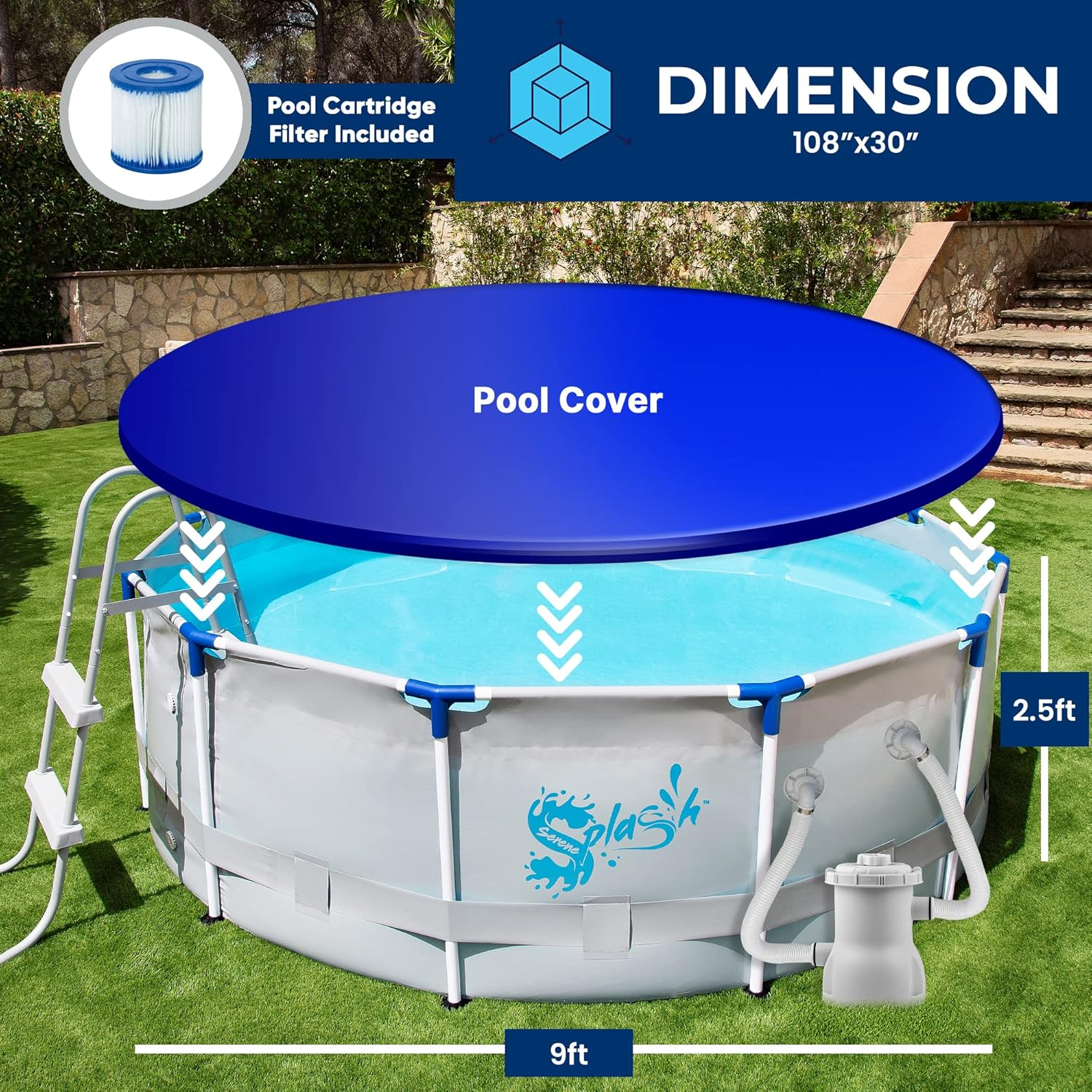 Round Above Ground Pool - Quick Setup Durable Metal Frame Outdoor Pool Set for Garden, Backyard, Lawn - Includes Ladder, Filter, Cover, Spare Parts