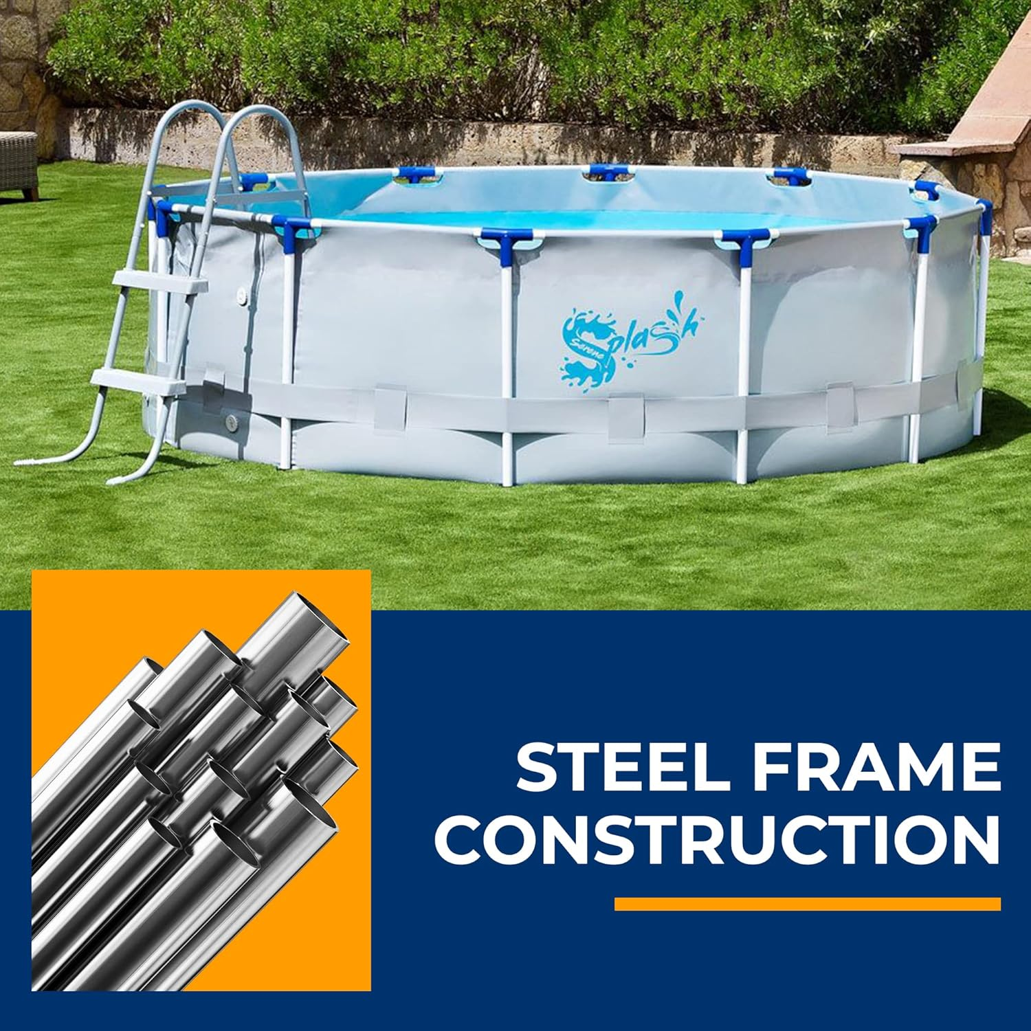 Round Above Ground Pool - Quick Setup Durable Metal Frame Outdoor Pool Set for Garden, Backyard, Lawn - Includes Ladder, Filter, Cover, Spare Parts