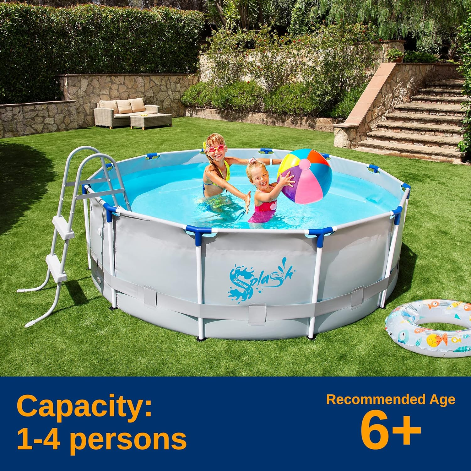 Round Above Ground Pool - Quick Setup Durable Metal Frame Outdoor Pool Set for Garden, Backyard, Lawn - Includes Ladder, Filter, Cover, Spare Parts