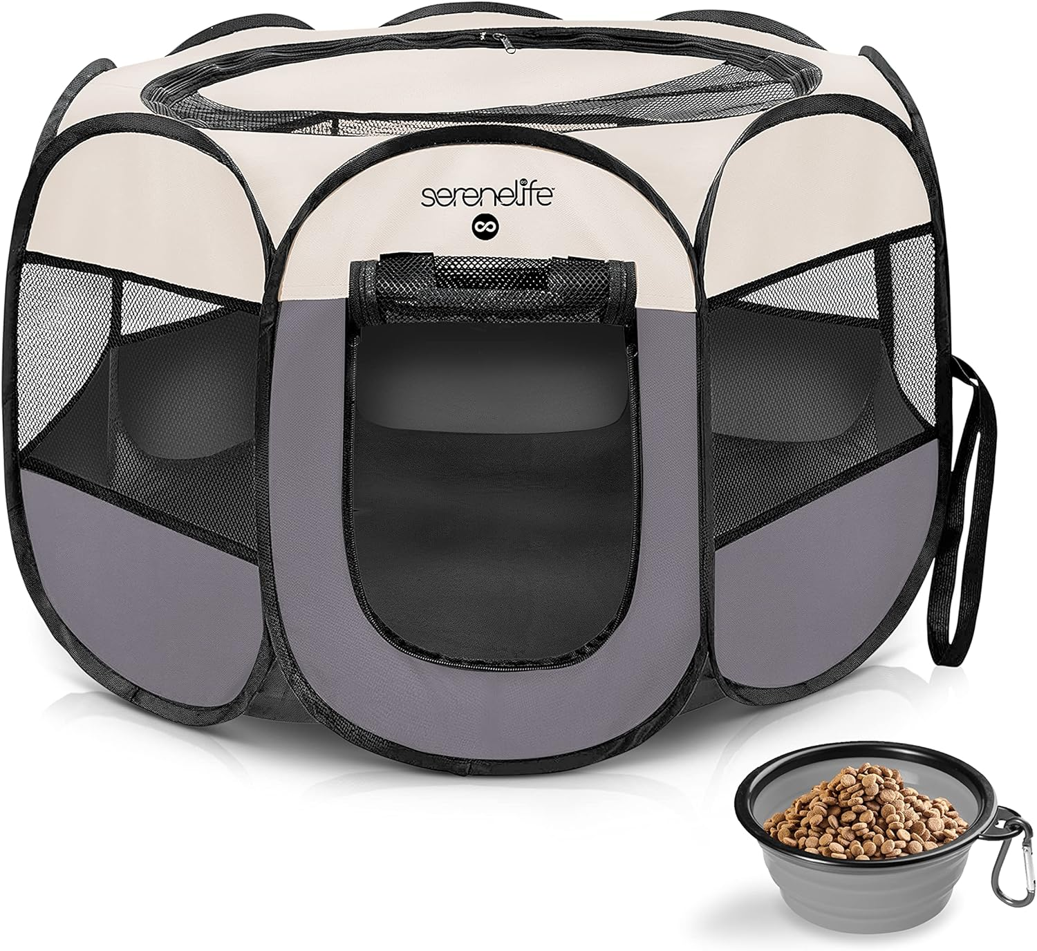 Serene Life Large Portable Foldable Pet Tent - 8-Panel Mesh Exercise Playpen for Cats and Dogs with Folding Food/Water Bowl - Kennel House Playground Playpen Yard Crib for Small Puppies, Kittens, Rabbits, and Bunnies in Gray