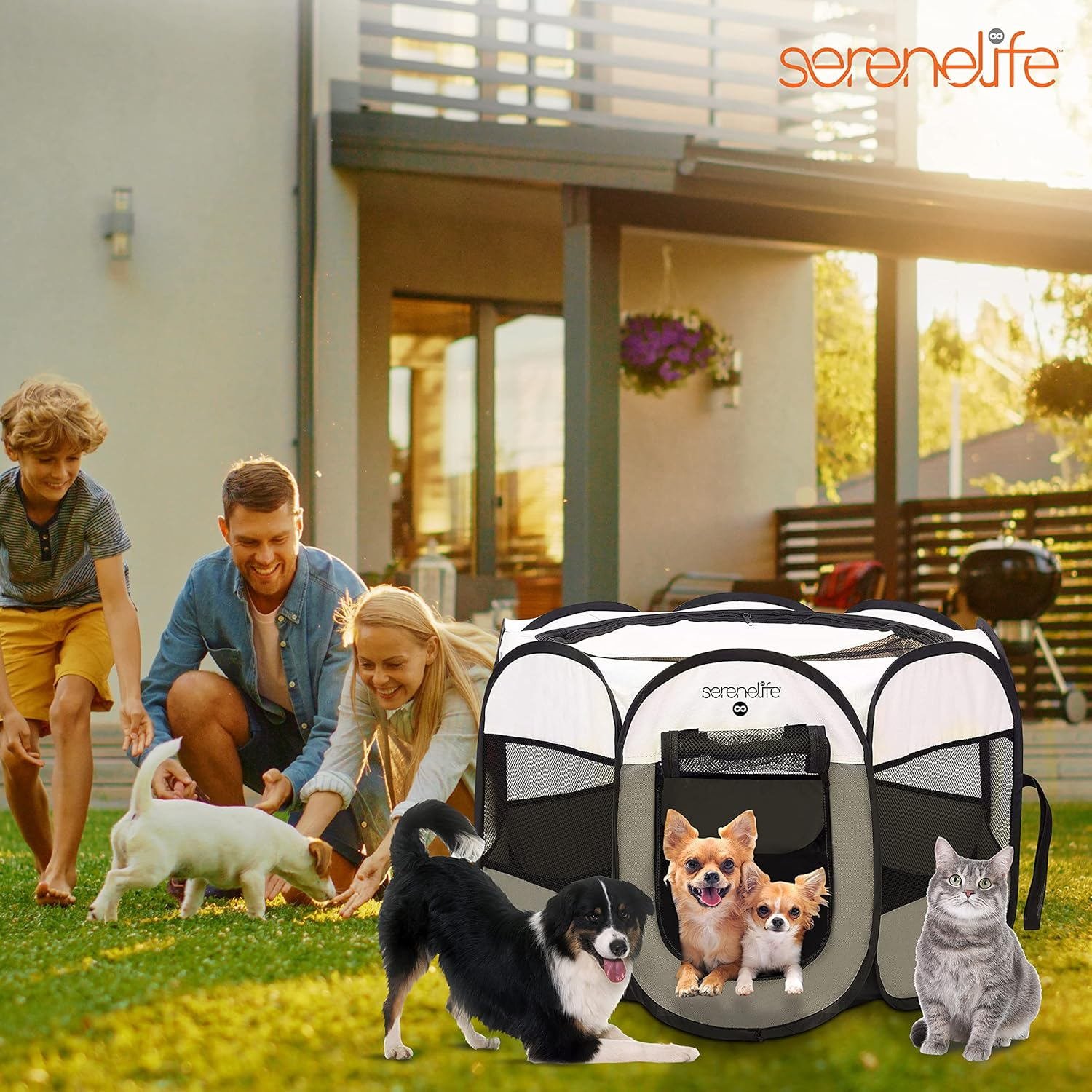 Serene Life Large Portable Foldable Pet Tent - 8-Panel Mesh Exercise Playpen for Cats and Dogs with Folding Food/Water Bowl - Kennel House Playground Playpen Yard Crib for Small Puppies, Kittens, Rabbits, and Bunnies in Gray