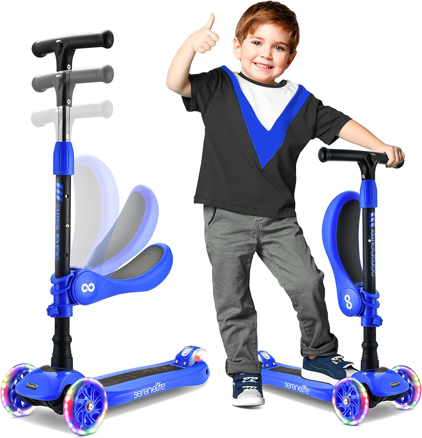 3-Wheeled Scooter for Kids - 2-in-1 Sit/Stand Toy Kick Scooter for Toddlers with Flip-Out Seat, Adjustable Height, Wide Deck, and Flashing Wheel Lights