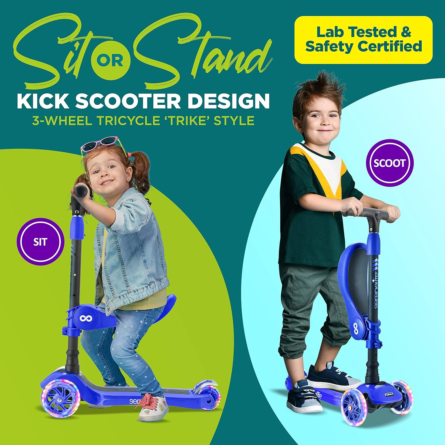 3-Wheeled Scooter for Kids - 2-in-1 Sit/Stand Toy Kick Scooter for Toddlers with Flip-Out Seat, Adjustable Height, Wide Deck, and Flashing Wheel Lights