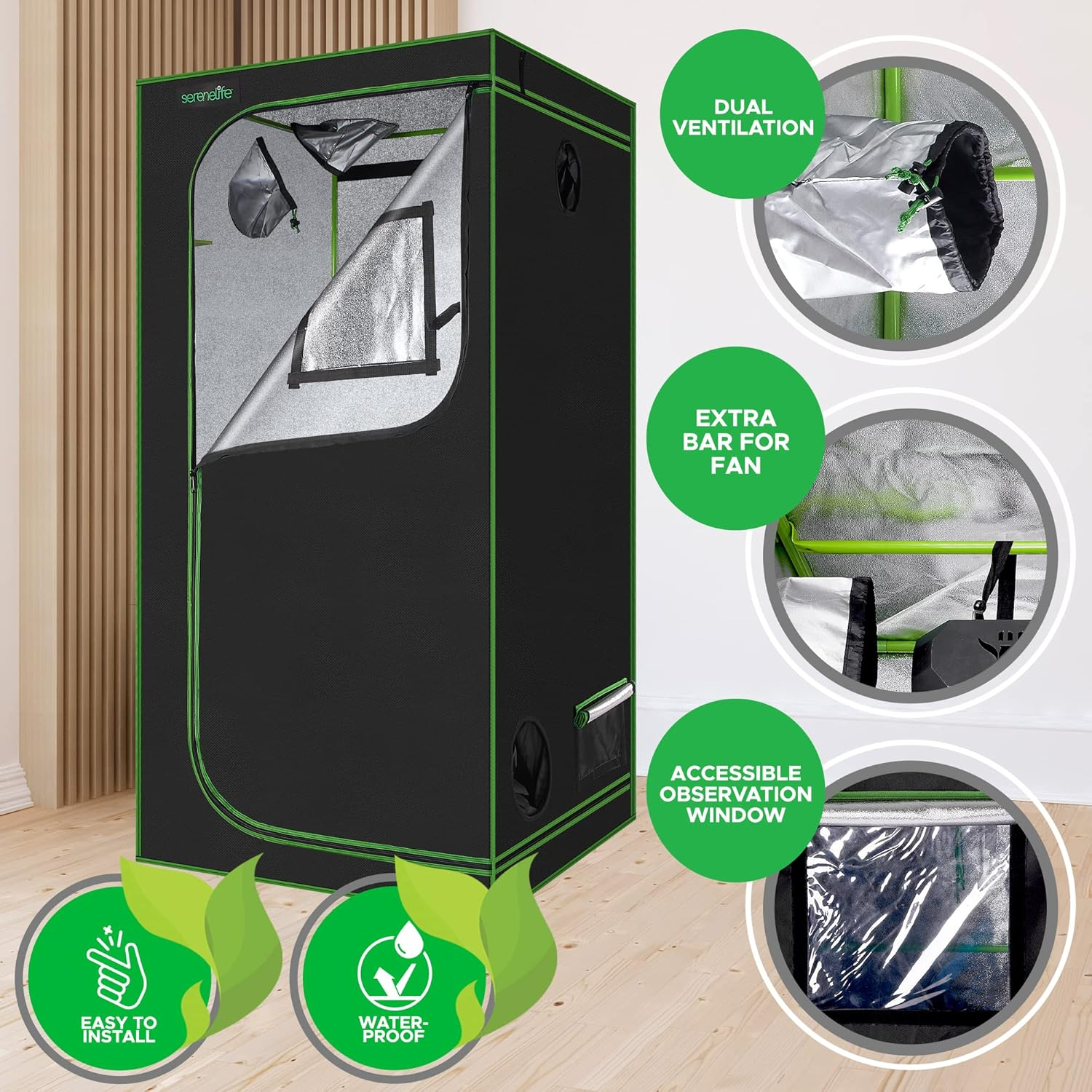 Medium Hydroponic Grow Tent Garden - 36" x 36" x 72" Indoor Plant Growing System with Durable Reflective 600D Mylar and Observation Window - Includes Removable Floor Tray and Pole Shelf