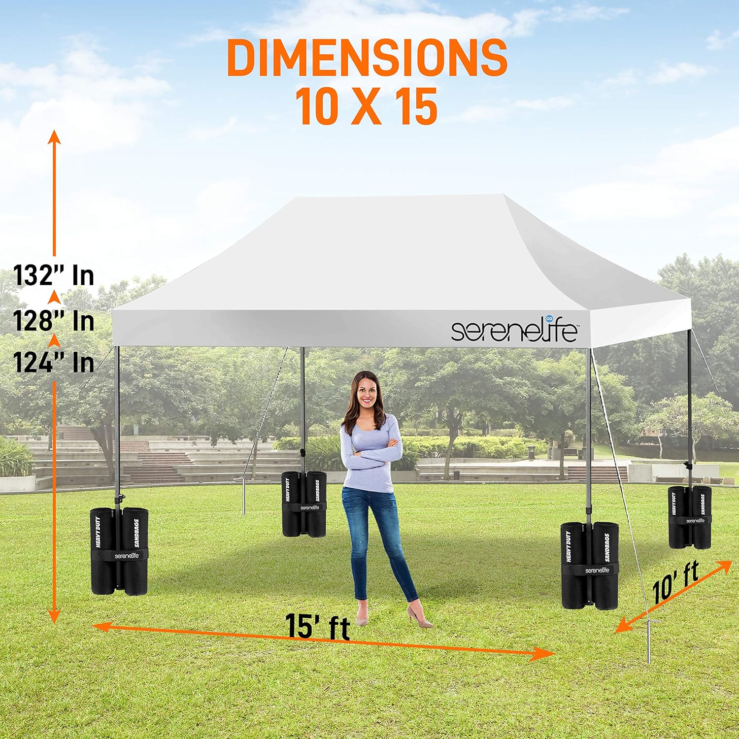 Pop-Up Canopy Tent 10x15 - Commercial Instant Shelter, Foldable/Collapsible Sunshade Canopy with Waterproof Top, Includes Portable Carry Bag and Sand Bag - SereneLife SLGZ15W (White)