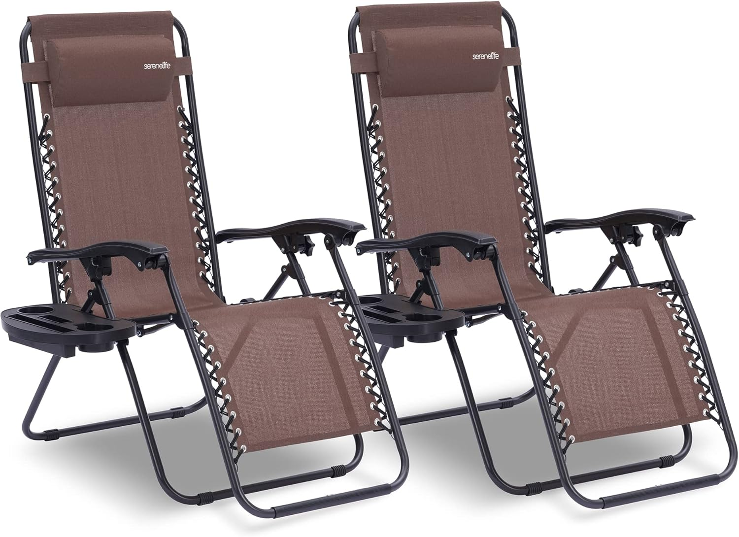 SereneLife Zero Gravity Reclining Chair, Tanning Chair, Adjustable Patio Chair, Set of 2 Lawn Chairs with Cup Holder Side Tables and Padded Removable Headrest Pillows