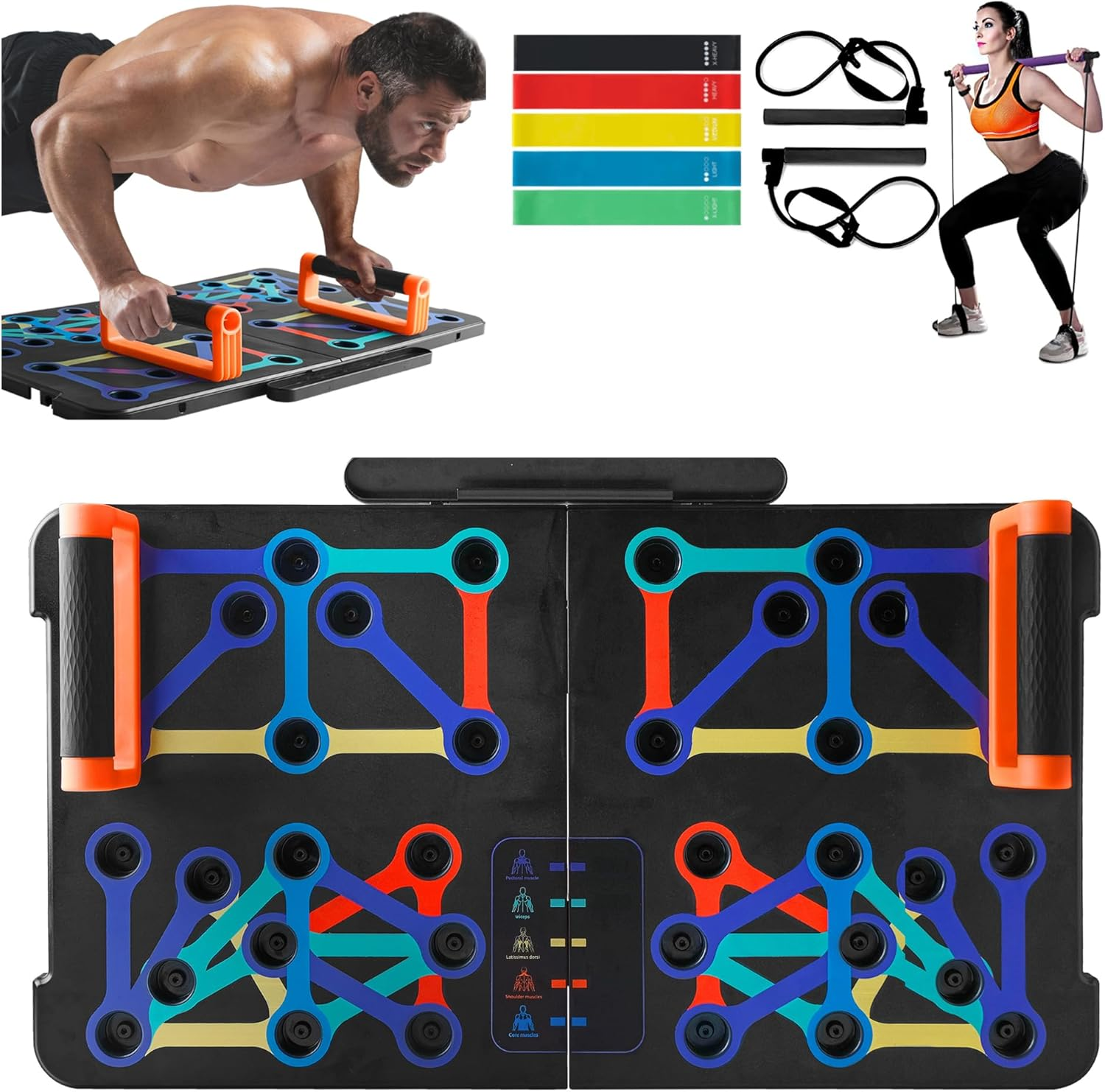 SQUATZ Portable Push-Up Board - Comes with 5 Resistance and Elastic Bands, Pilates Rods, and a Fitness Mat with Carrying Bag for Physical Therapy and Strength Training, Weight Capacity: 1,102 lbs