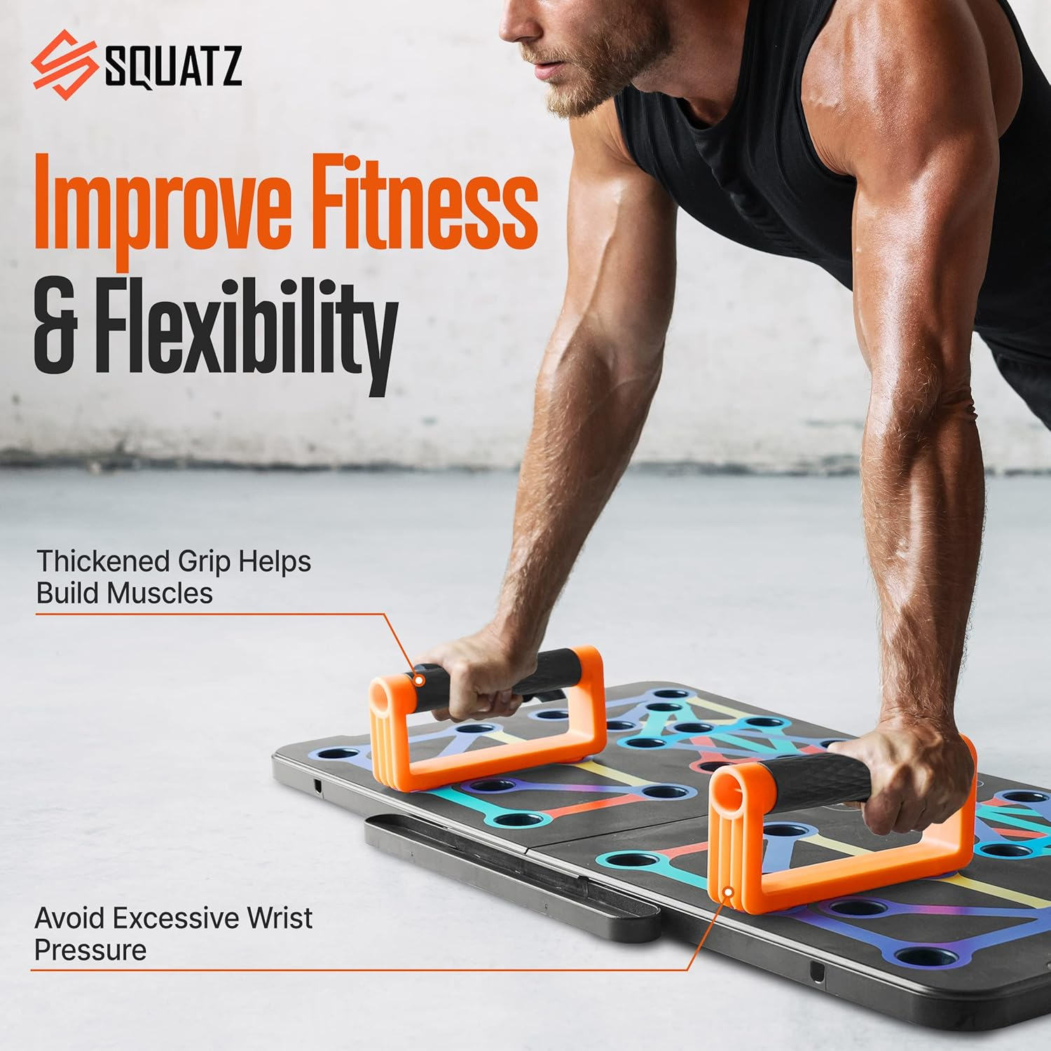 SQUATZ Portable Push-Up Board - Comes with 5 Resistance and Elastic Bands, Pilates Rods, and a Fitness Mat with Carrying Bag for Physical Therapy and Strength Training, Weight Capacity: 1,102 lbs