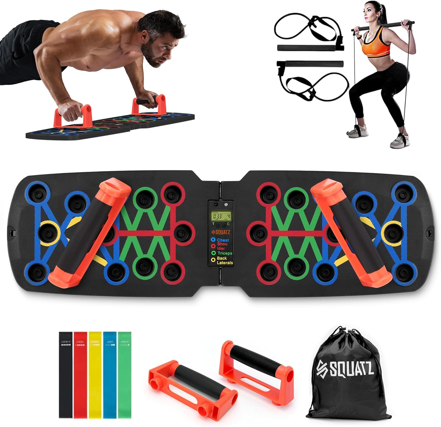 SQUATZ Portable Push-Up Board - Includes 5 Resistance and Elastic Bands, Pilates Rods, and a Fitness Mat with Carrying Bag for Physical Therapy and Strength Training, Weight Capacity: 661.4 lbs