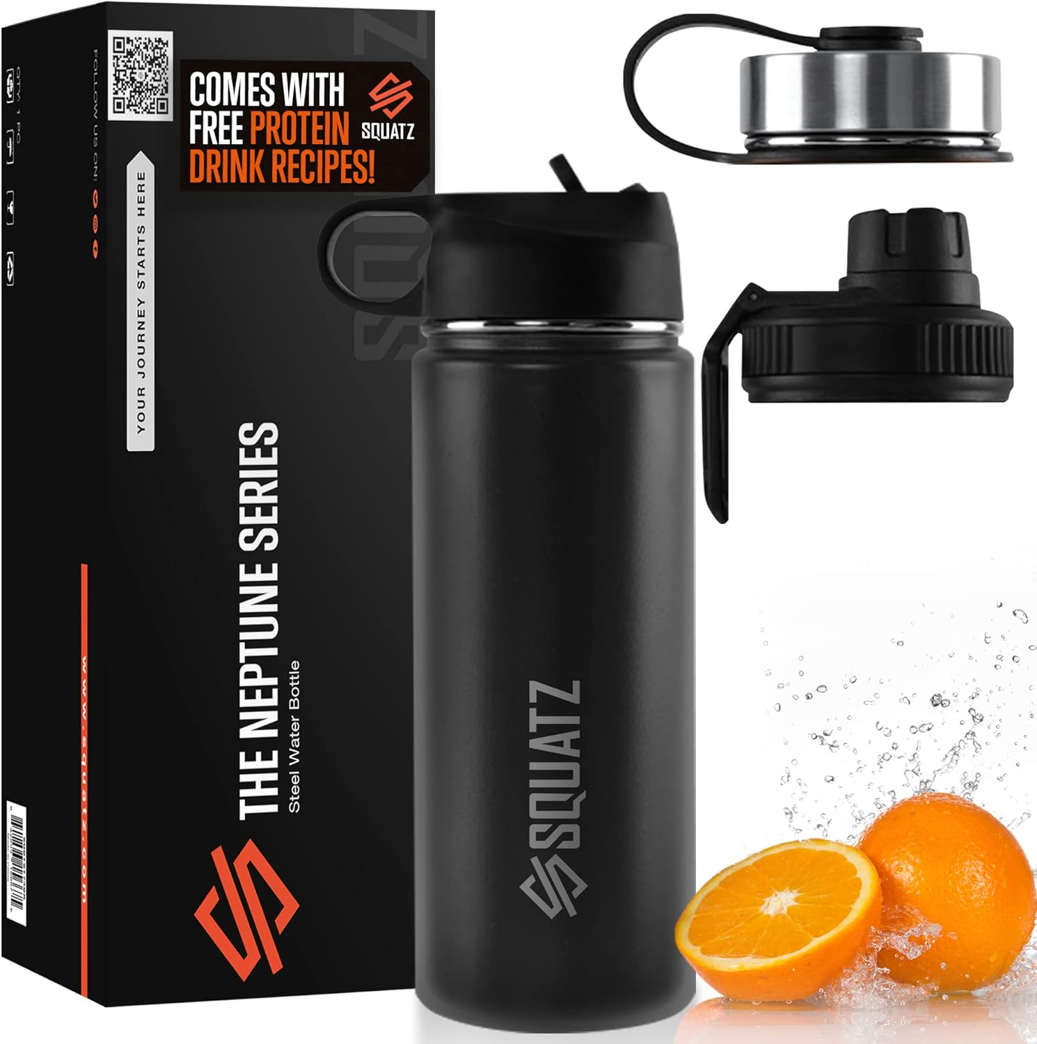 SQUATZ Insulated Water Bottle, Stainless Steel 18 oz, Neptune Series Double-Walled Vacuum Thermos Keeps Drinks Hot and Cold, Comes with 3 Lids and Handle Strap, 100% Leak-Proof Flask for Gym, Sports, Travel, and Hiking