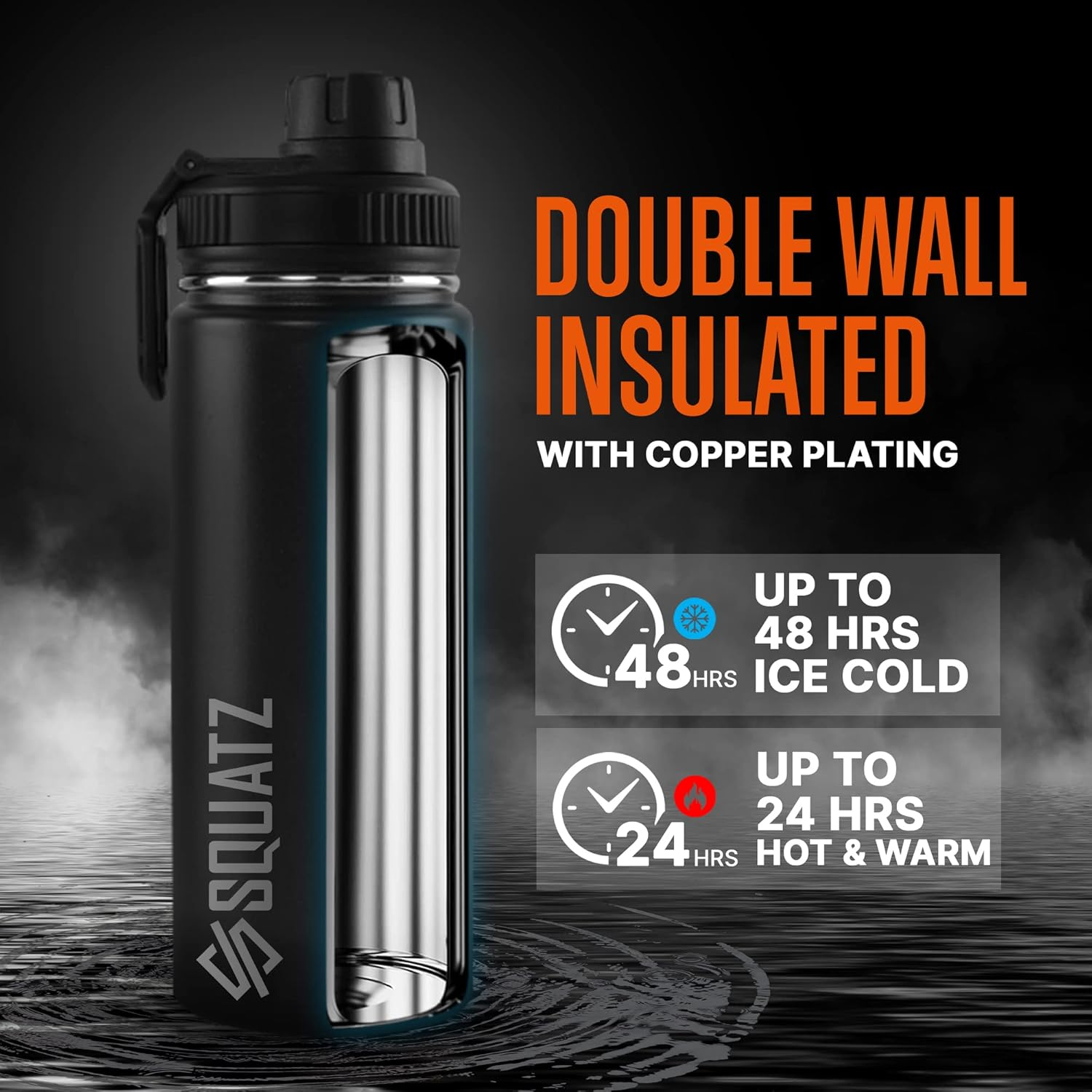 SQUATZ Insulated Water Bottle, Stainless Steel 18 oz, Neptune Series Double-Walled Vacuum Thermos Keeps Drinks Hot and Cold, Comes with 3 Lids and Handle Strap, 100% Leak-Proof Flask for Gym, Sports, Travel, and Hiking