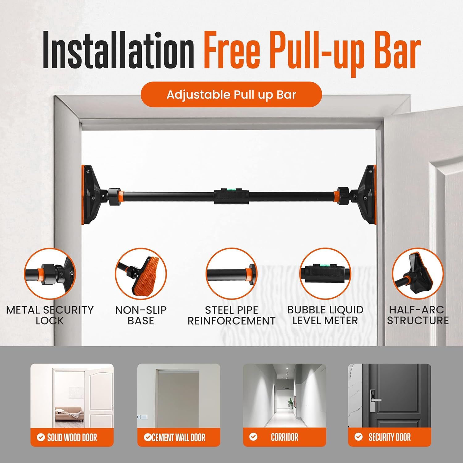 SQUATZ Adjustable Pull-Up & Chin-Up Bar - Door Frame Pull-Up & Doorway, No-Screw, No-Damage Hanging Bar for Home Strength Training Exercise Equipment for Men and Women