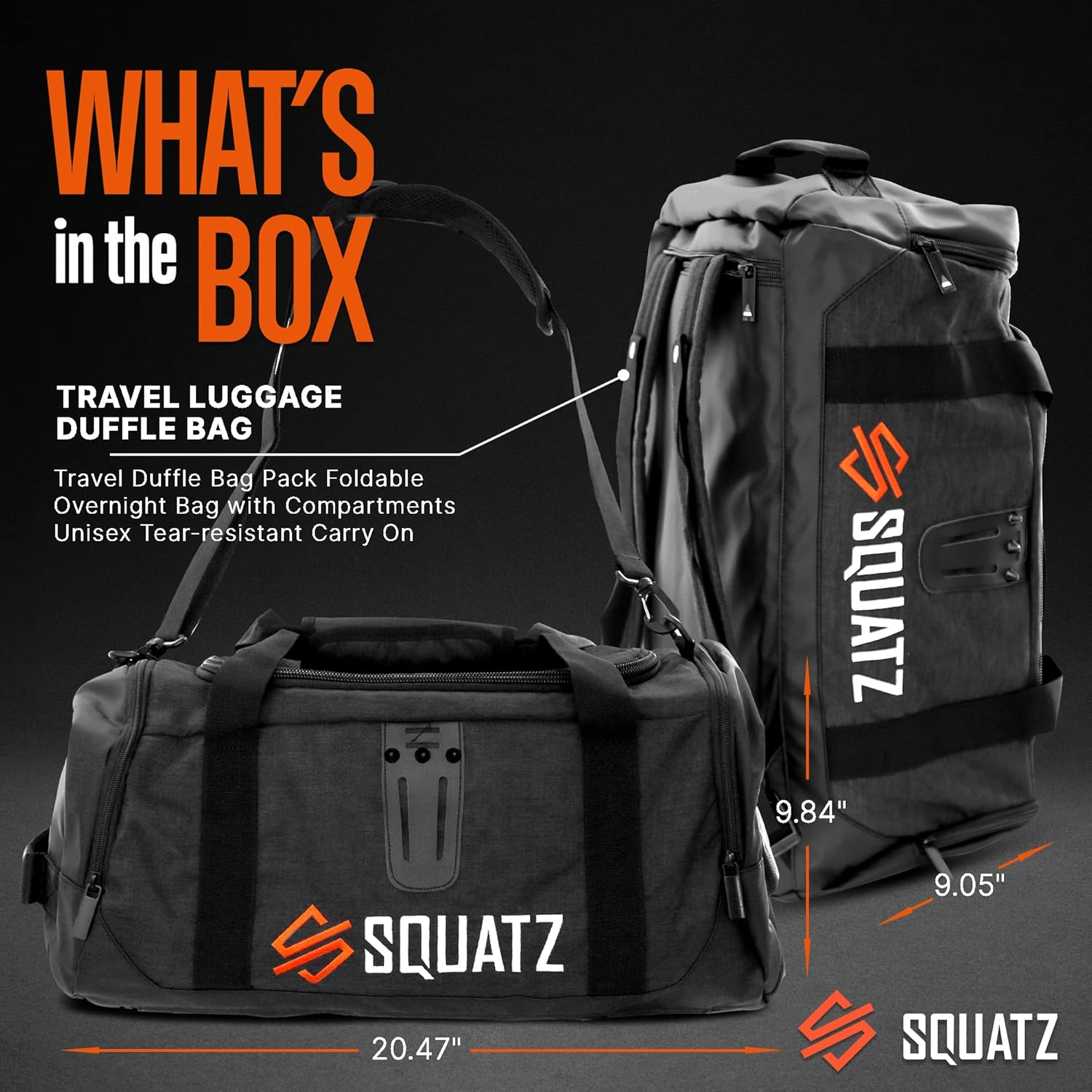 SQUATZ Travel Luggage Bag - Foldable Carry-On Backpack with Adjustable and Removable Shoulder Strap, Spacious Main Duffle Bag Compartment, and Multiple Pockets for Gym, Hiking, Outdoors, and Airplanes, One Size