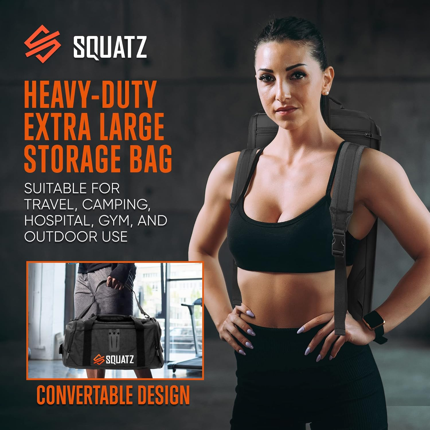 SQUATZ Travel Luggage Bag - Foldable Carry-On Backpack with Adjustable and Removable Shoulder Strap, Spacious Main Duffle Bag Compartment, and Multiple Pockets for Gym, Hiking, Outdoors, and Airplanes, One Size