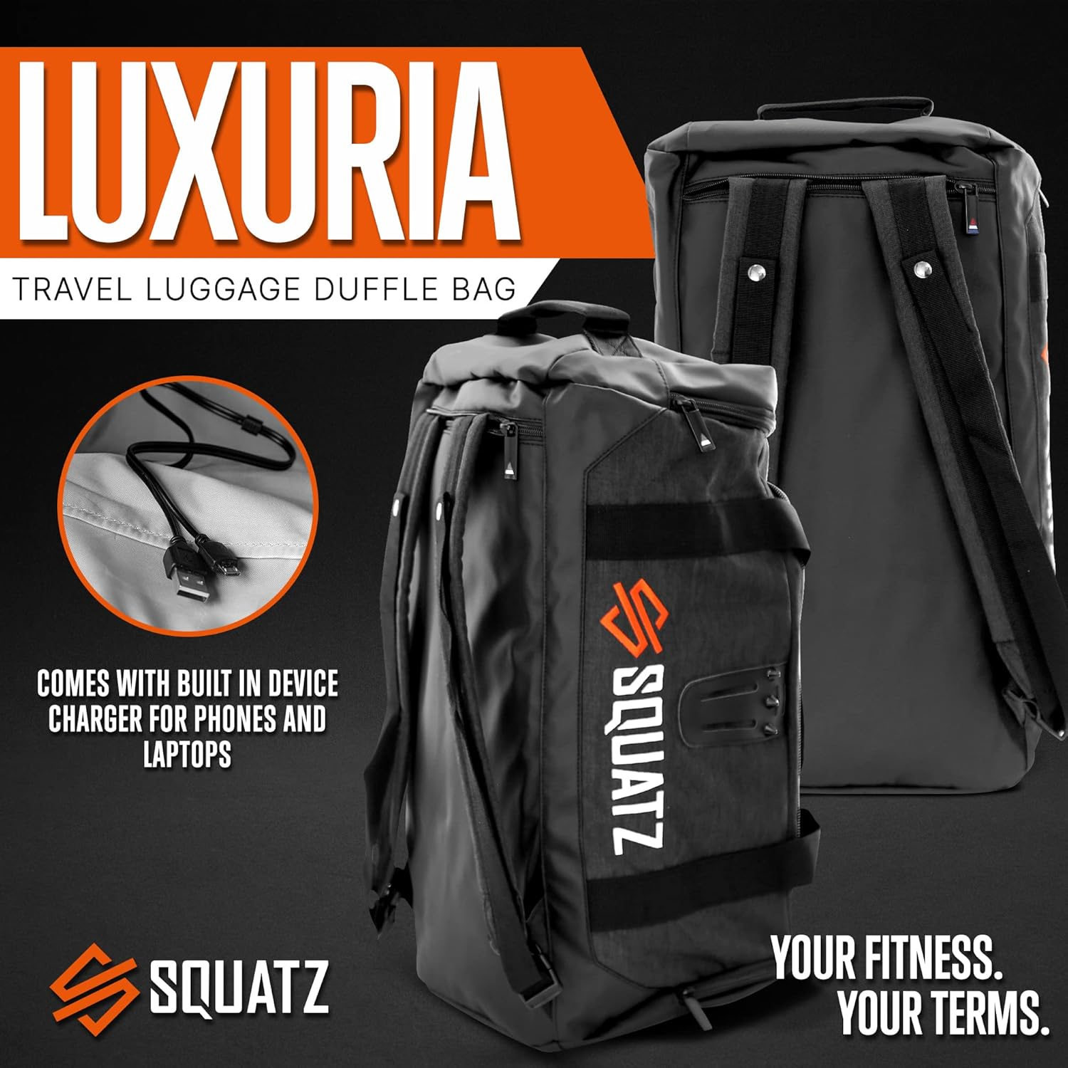 SQUATZ Travel Luggage Bag - Foldable Carry-On Backpack with Adjustable and Removable Shoulder Strap, Spacious Main Duffle Bag Compartment, and Multiple Pockets for Gym, Hiking, Outdoors, and Airplanes, One Size