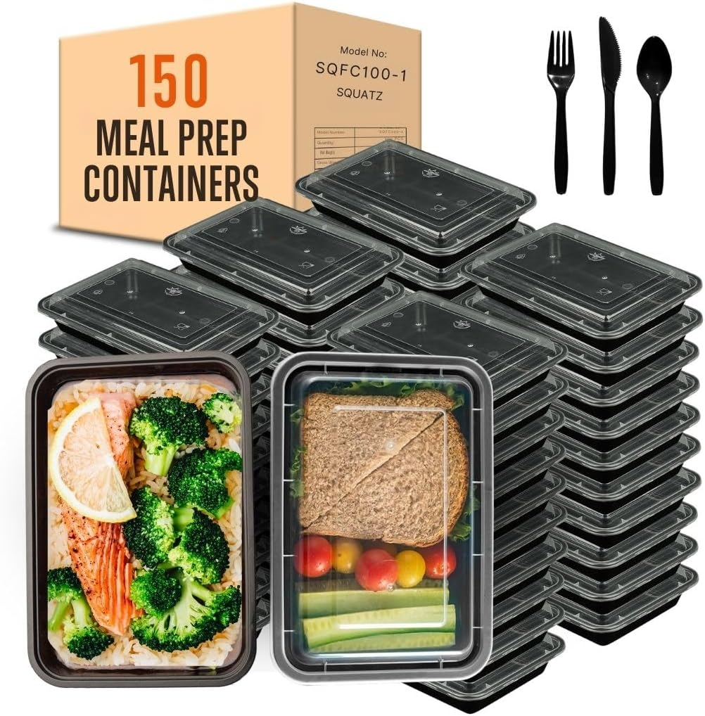 SQUATZ 150 Microwavable Food Container - 33oz Black Rectangular Meal Box Storage with Lids, Reusable Utensils, Spoon, Fork, and Knife, Leak-Free, Freezer and Microwave Safe