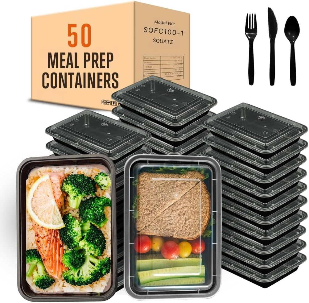 SQUATZ 50 Microwavable Food Containers - 33oz Black Rectangular Meal Box with Lids, Includes Reusable Utensils: Spoon, Fork, and Knife, Leak-Free, Freezer and Microwave Safe