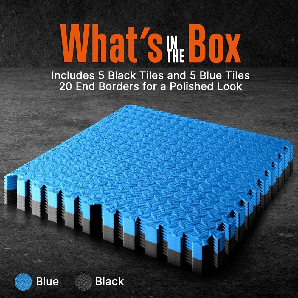 Thick Puzzle Exercise Mat - 10 Pieces of EVA Foam Interlocking Tiles for Protective Flooring, Ideal for Gym Equipment and Workout Cushioning, Durable Non-Skid Texture, Easy to Assemble, Blue and Black