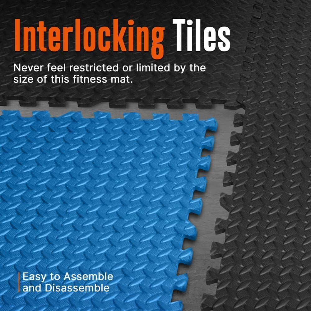 Thick Puzzle Exercise Mat - 10 Pieces of EVA Foam Interlocking Tiles for Protective Flooring, Ideal for Gym Equipment and Workout Cushioning, Durable Non-Skid Texture, Easy to Assemble, Blue and Black