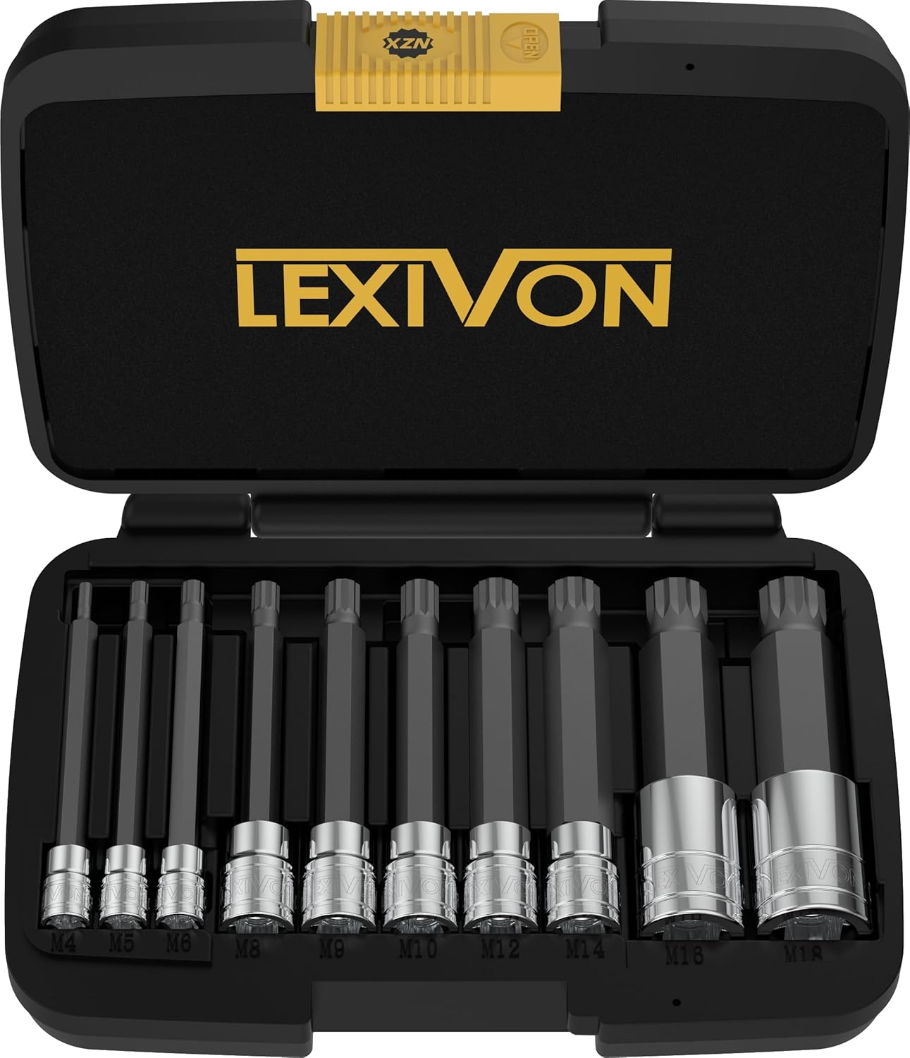 LEXIVON XZN Triple Square Spline Bit Socket Set, Extra Long 4-Inch | 10-Piece European Style (M4 - M18) | Premium S2 Alloy Steel | Enhanced Storage Case (LX-145L)