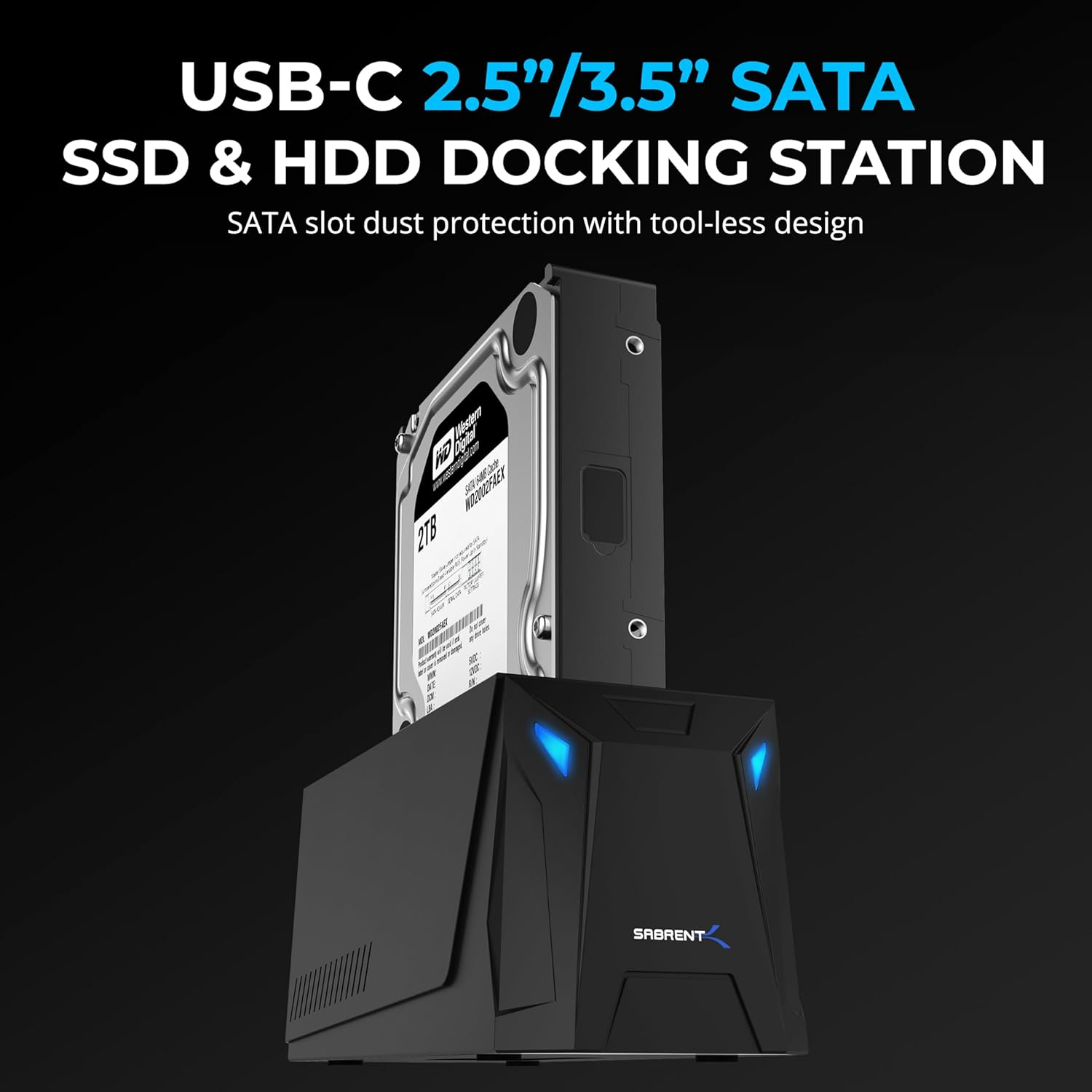 Sabrent USB-C Hard Drive Docking Station, 2.5"/3.5" Inch SATA SSD & HDD Tool-Free 10Gbps Docking Station, Hot-Swappable, Supports 20TB Drives for Windows and Mac (DS-UC1B)