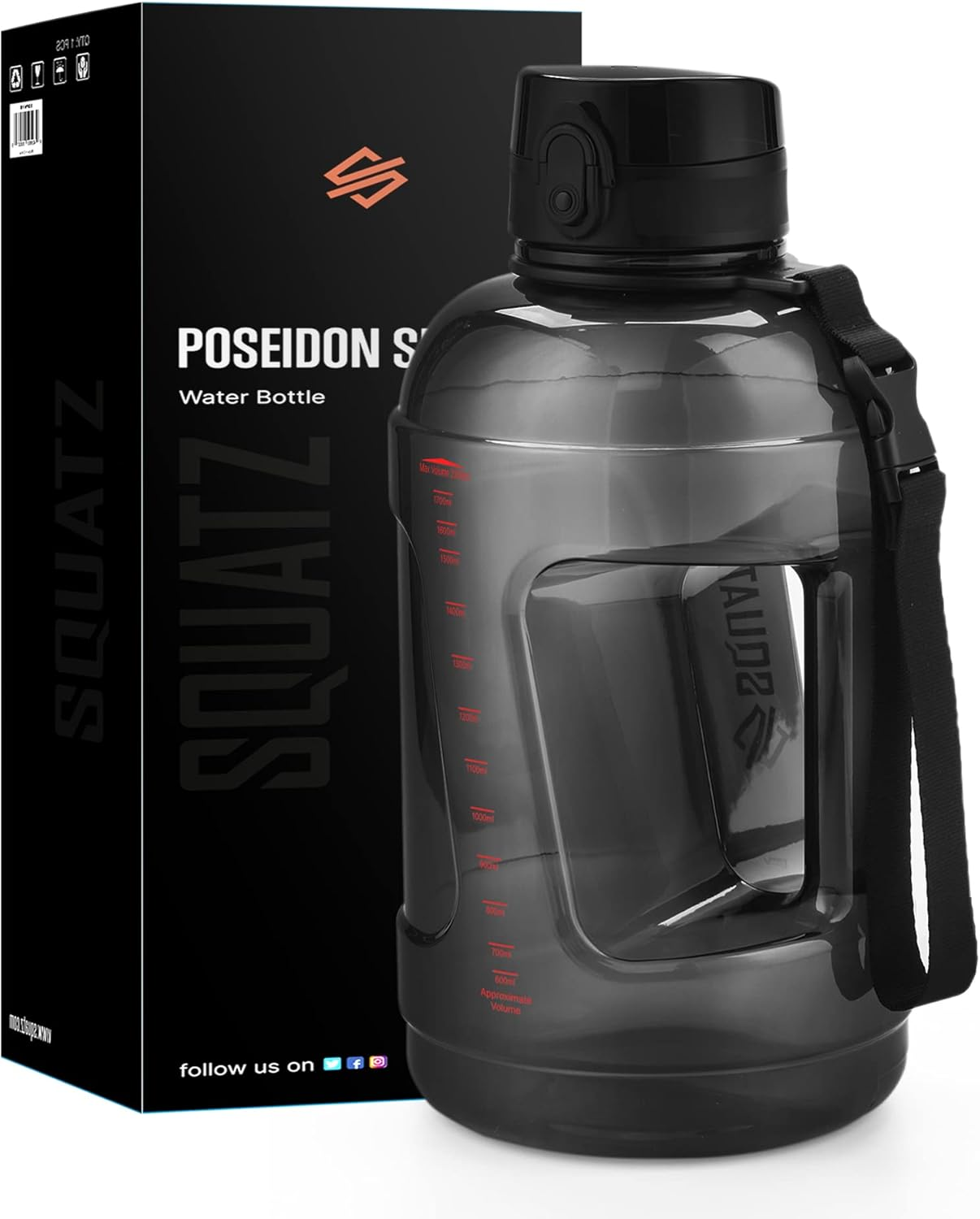 SQUATZ 78 Oz Poseidon Water Bottle Series (Black) - Sports Big Volume with Wide Mouth Opening, Anti-Slip Handle, Fall-Proof Cap, Fixed Buckle Carrying Strap, Leak-Proof, and Zero Condensation