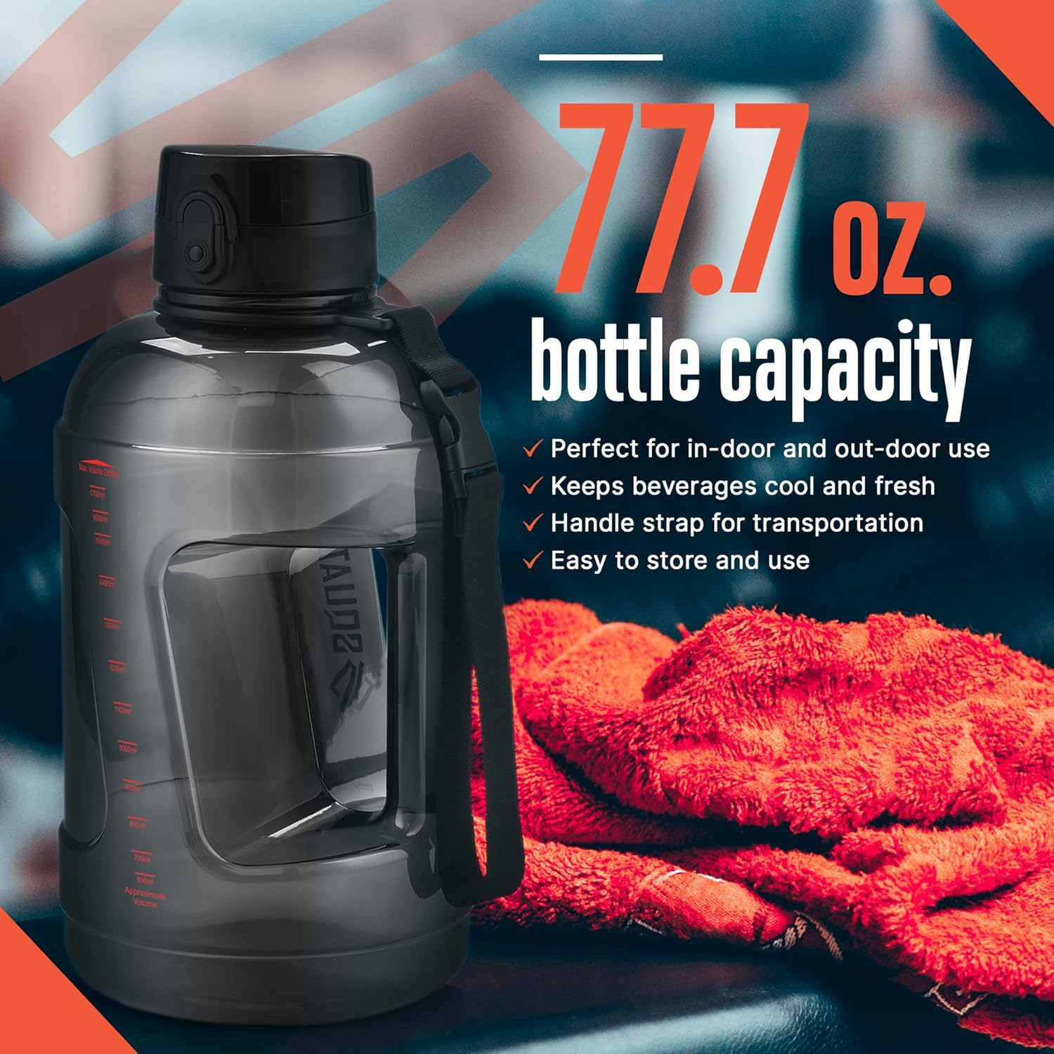 SQUATZ 78 Oz Poseidon Water Bottle Series (Black) - Sports Big Volume with Wide Mouth Opening, Anti-Slip Handle, Fall-Proof Cap, Fixed Buckle Carrying Strap, Leak-Proof, and Zero Condensation