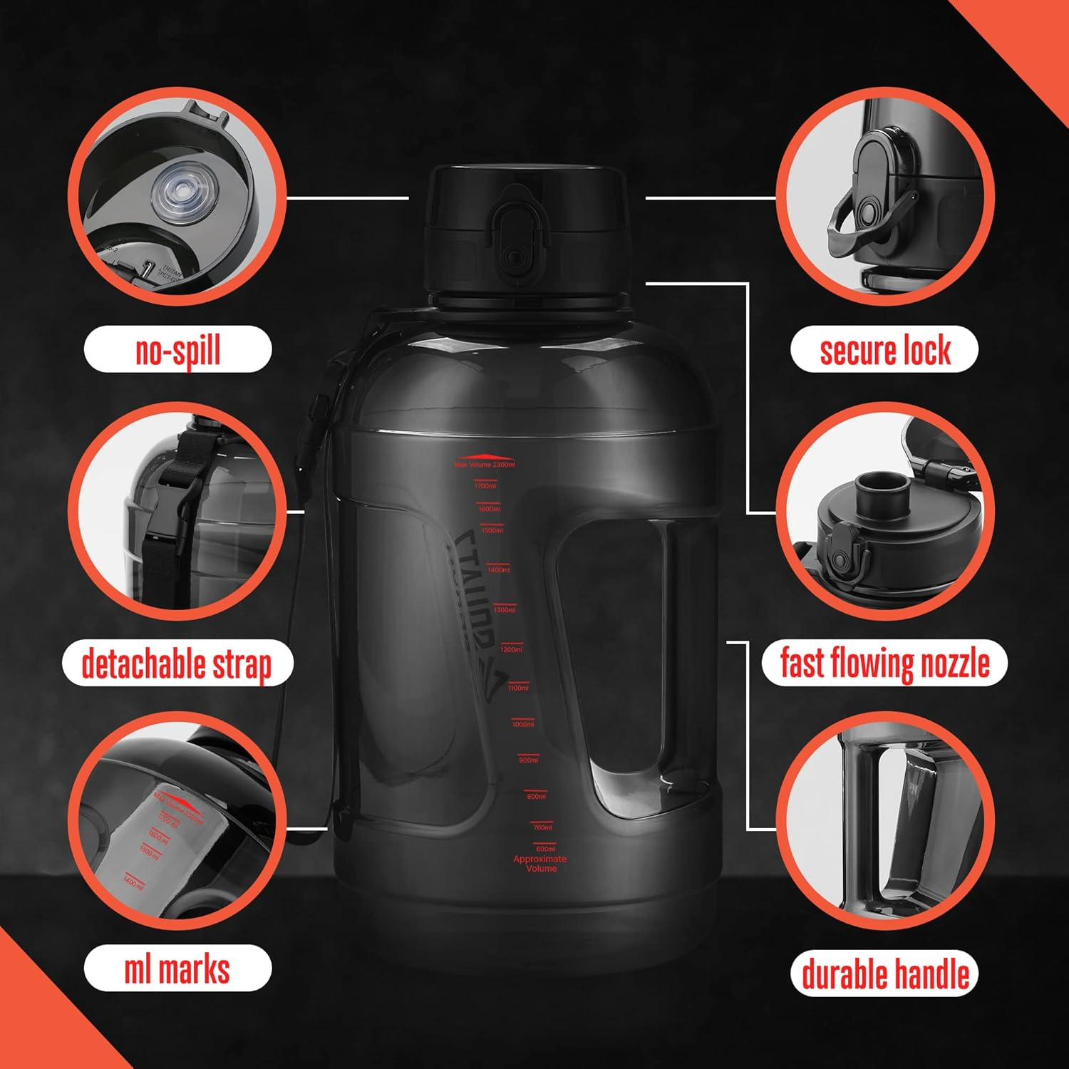 SQUATZ 78 Oz Poseidon Water Bottle Series (Black) - Sports Big Volume with Wide Mouth Opening, Anti-Slip Handle, Fall-Proof Cap, Fixed Buckle Carrying Strap, Leak-Proof, and Zero Condensation