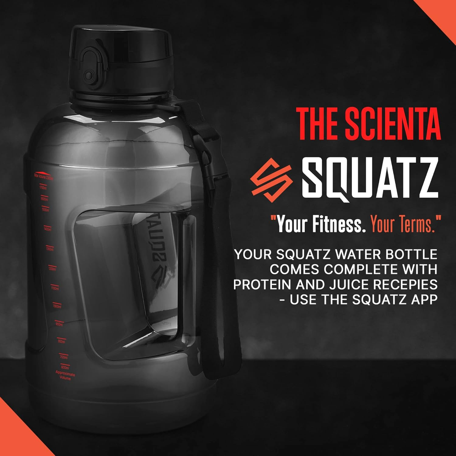 SQUATZ 78 Oz Poseidon Water Bottle Series (Black) - Sports Big Volume with Wide Mouth Opening, Anti-Slip Handle, Fall-Proof Cap, Fixed Buckle Carrying Strap, Leak-Proof, and Zero Condensation