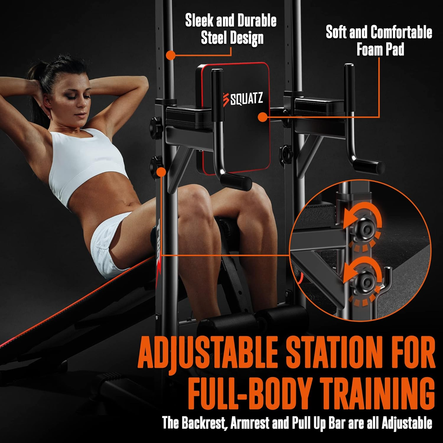 SQUATZ Pull-Up Workout Station with Bench - Multifunctional Gym Equipment Setup with Pull-Up Bar, Sit-Up Board, Backrest, Elbow Pad, and Steel Main Frame; Great for Home Exercise and Weight Training