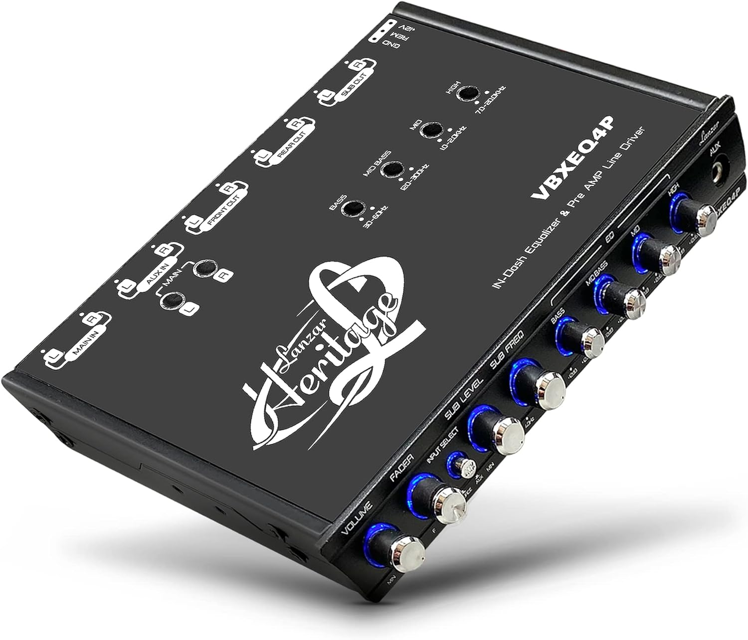 4 Band Adjustable Parametric Equalizer - 7 Volt RMS Pre-Amp Output with Subwoofer Gain Control and 3 Selectable Input Sources, Pre-Amp Line Aux Inputs via RCA and Phone Jacks - VBXEQ4P