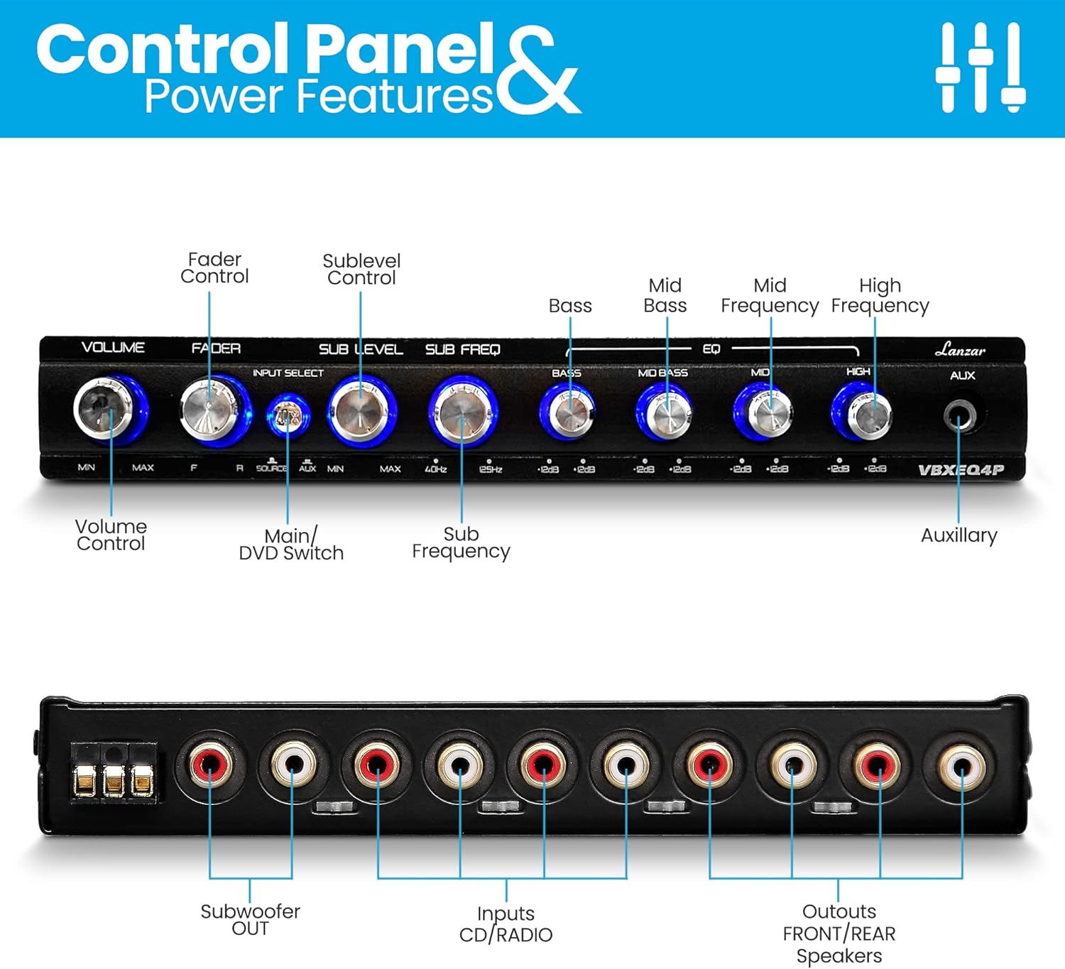 4 Band Adjustable Parametric Equalizer - 7 Volt RMS Pre-Amp Output with Subwoofer Gain Control and 3 Selectable Input Sources, Pre-Amp Line Aux Inputs via RCA and Phone Jacks - VBXEQ4P